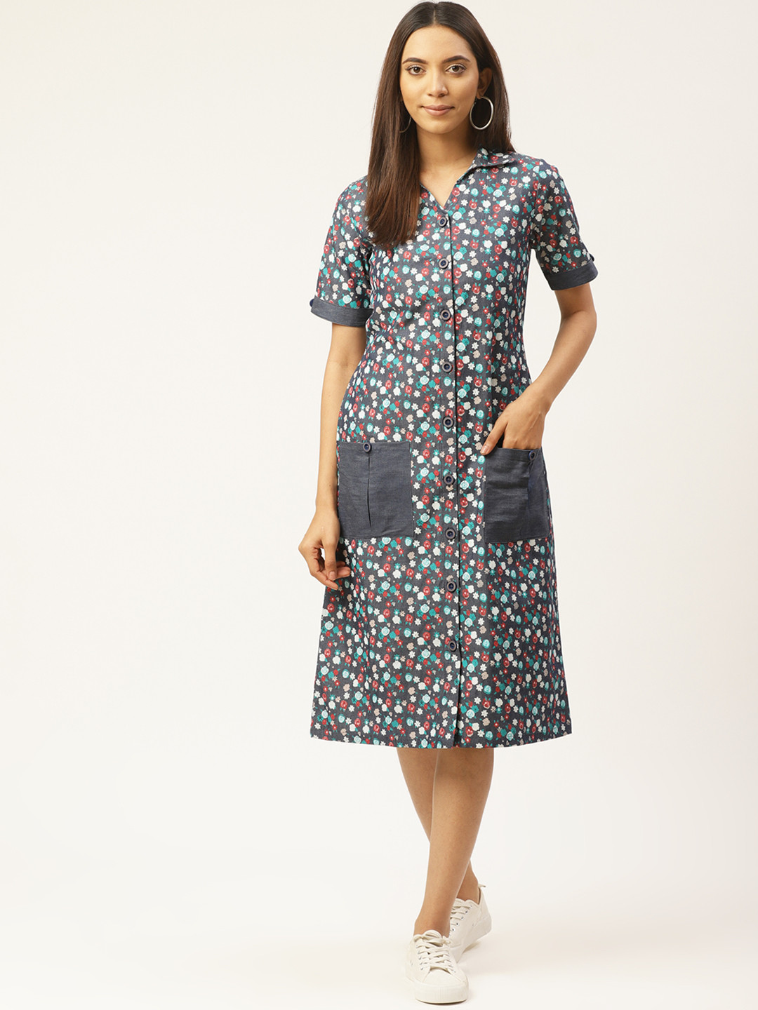 

Cottinfab Women Grey and White Printed Shirt Dress