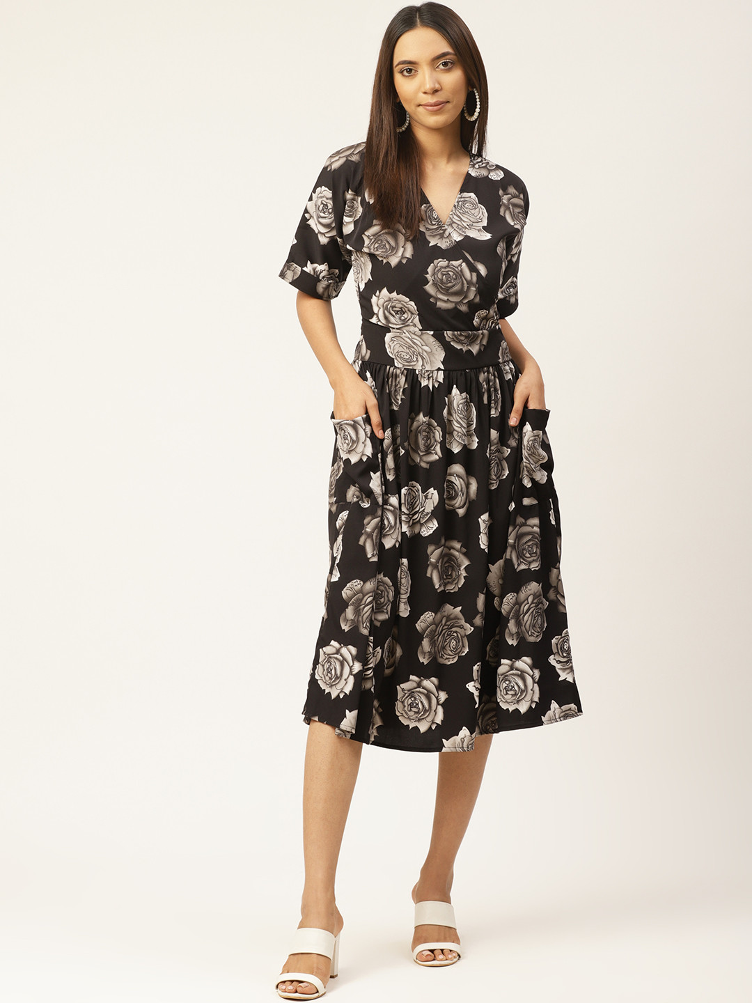 

Cottinfab Women Black & Grey Printed Wrap Dress