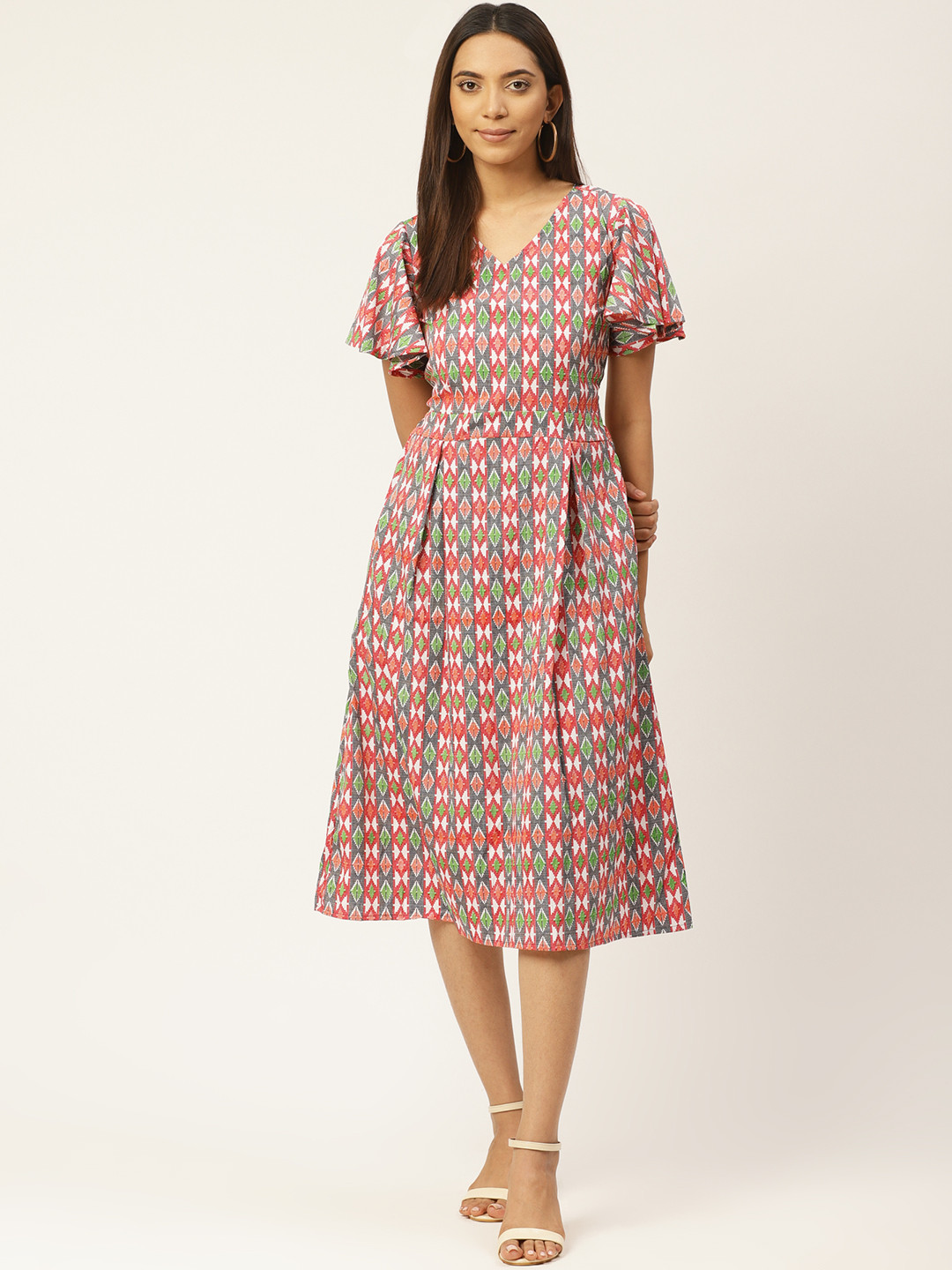 

Cottinfab Women Red & White Printed A-Line Dress
