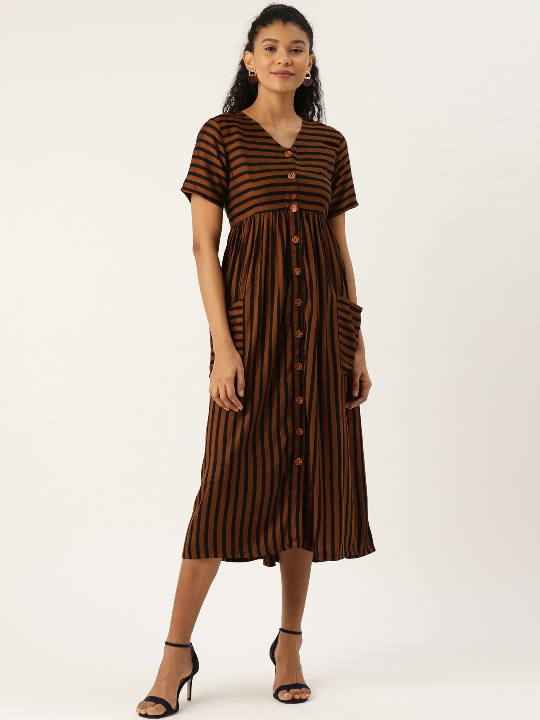 

Cottinfab Women Brown & Black Striped A-Line Dress