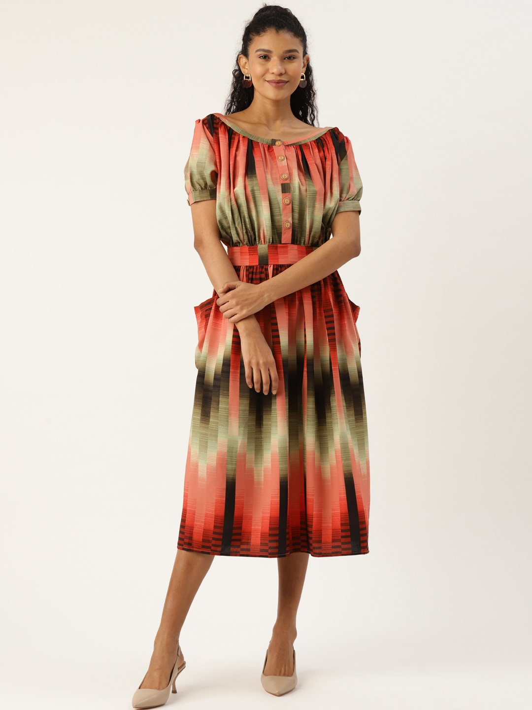 

Cottinfab Women Orange & Black Printed A-Line Dress