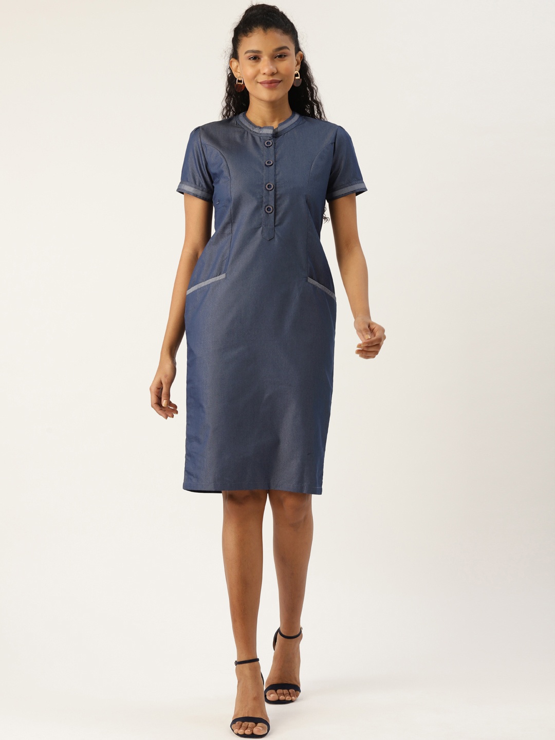 Cottinfab Women Navy Blue Denim Solid Sheath Dress