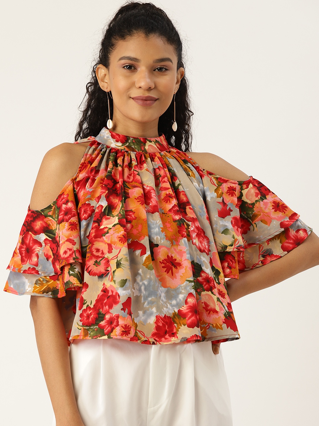 

Cottinfab Women Orange & Green Floral Printed Boxy Top