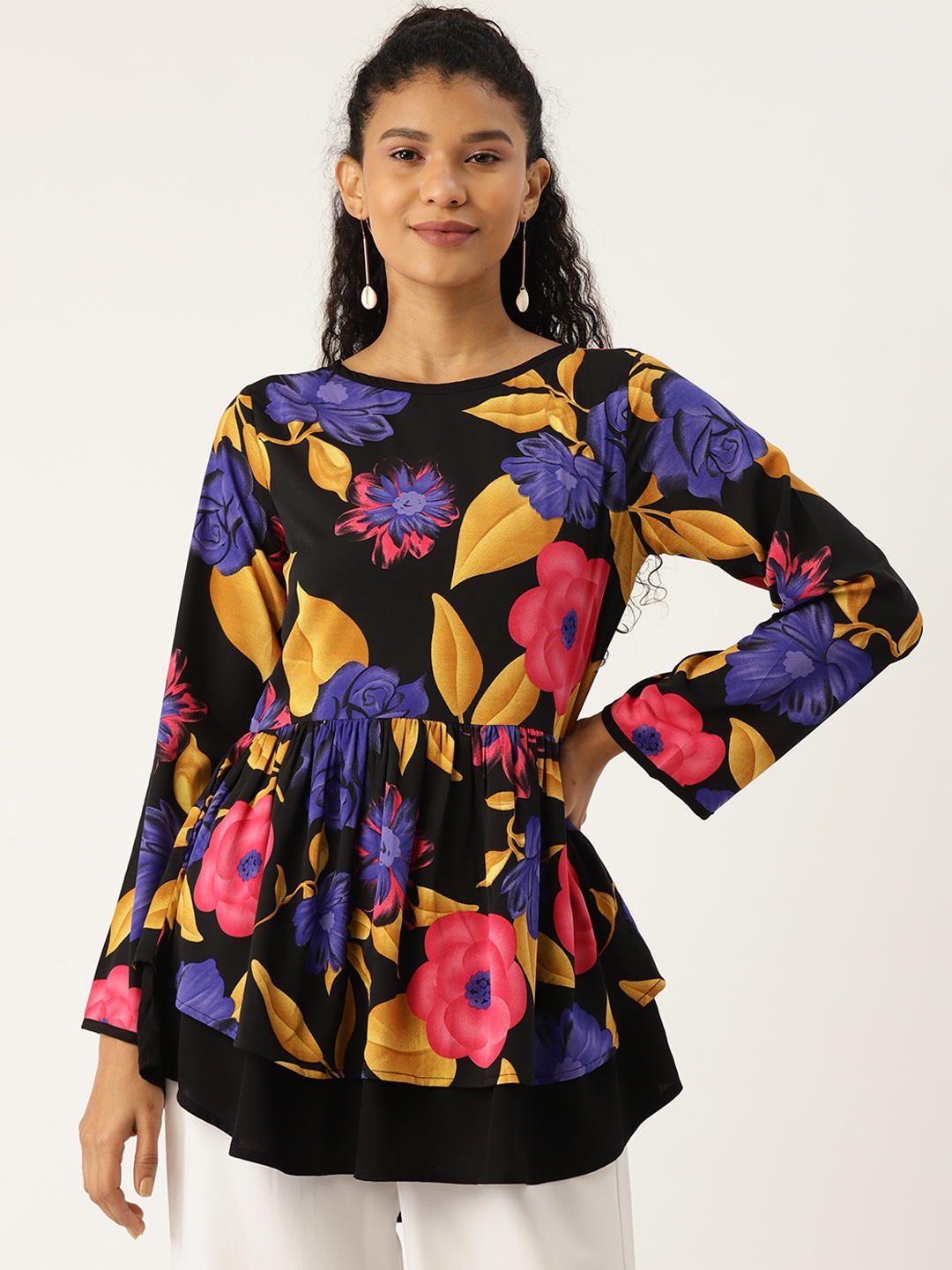 

Cottinfab Women Black & Blue Floral Printed A-Line Top