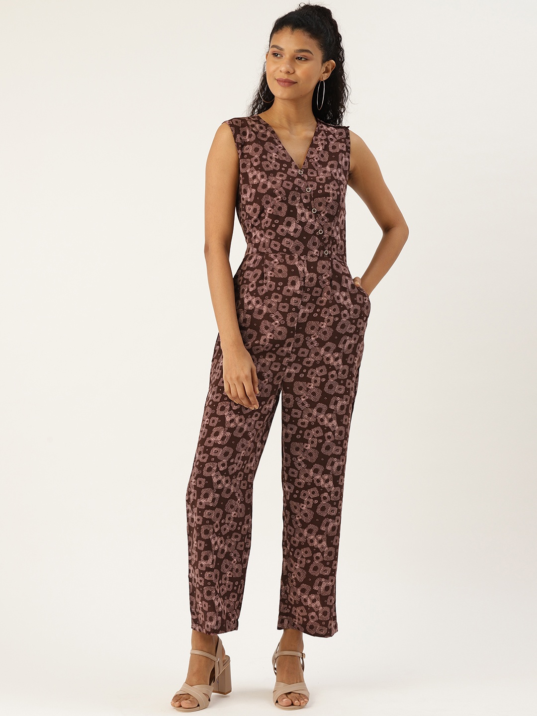 

Cottinfab Women Burgundy & Mauve Geometric Printed Basic Jumpsuit