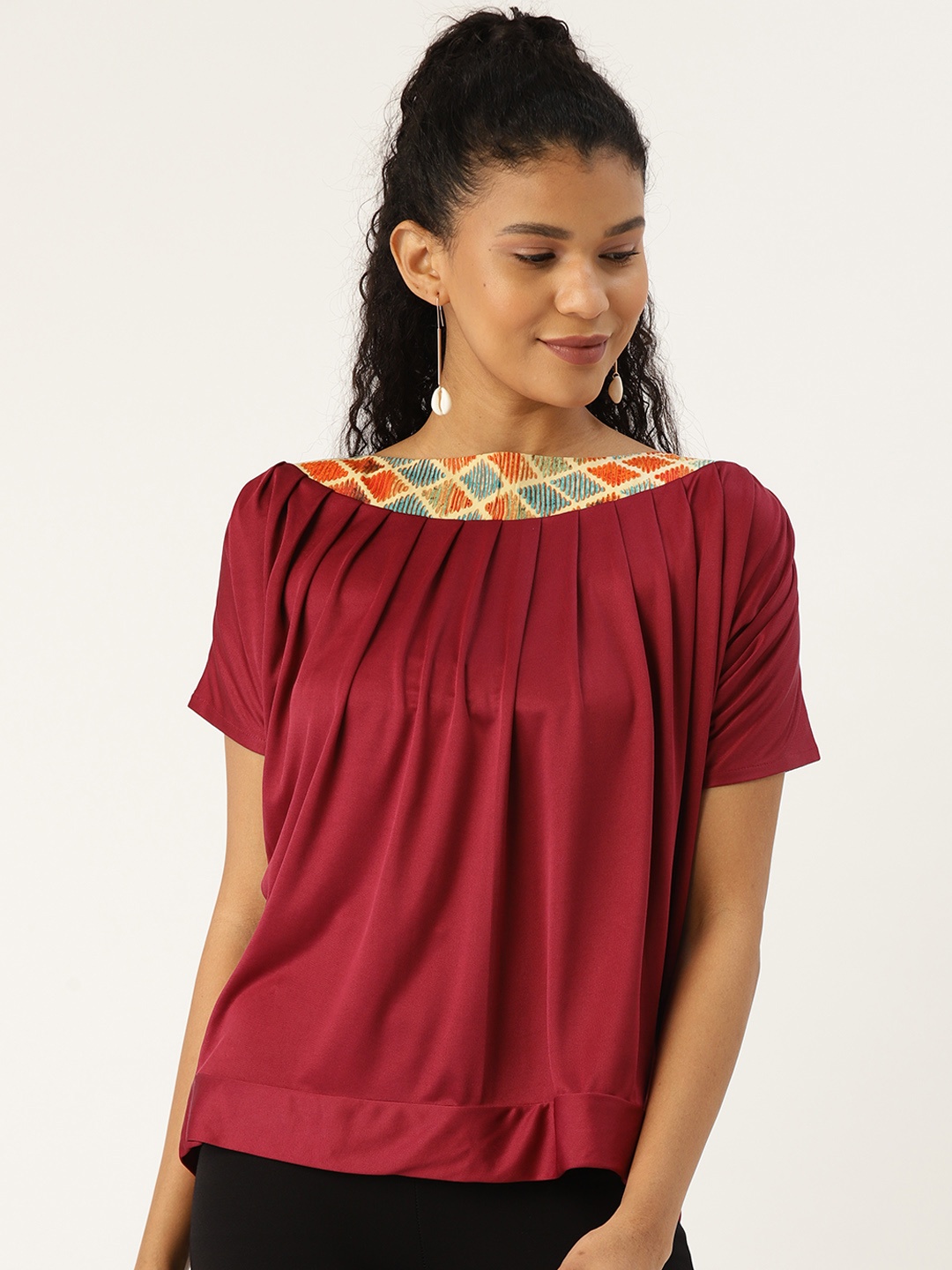 

Cottinfab Women Maroon Self Design Boxy Top