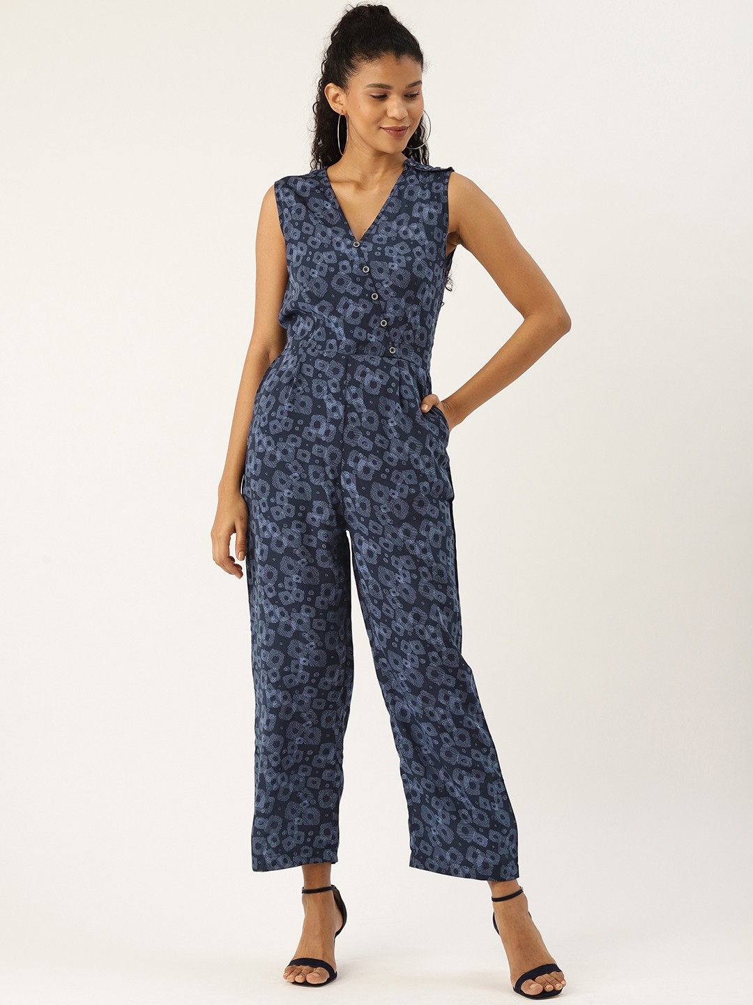 

Cottinfab Women Navy Blue Geometric Printed Basic Jumpsuit