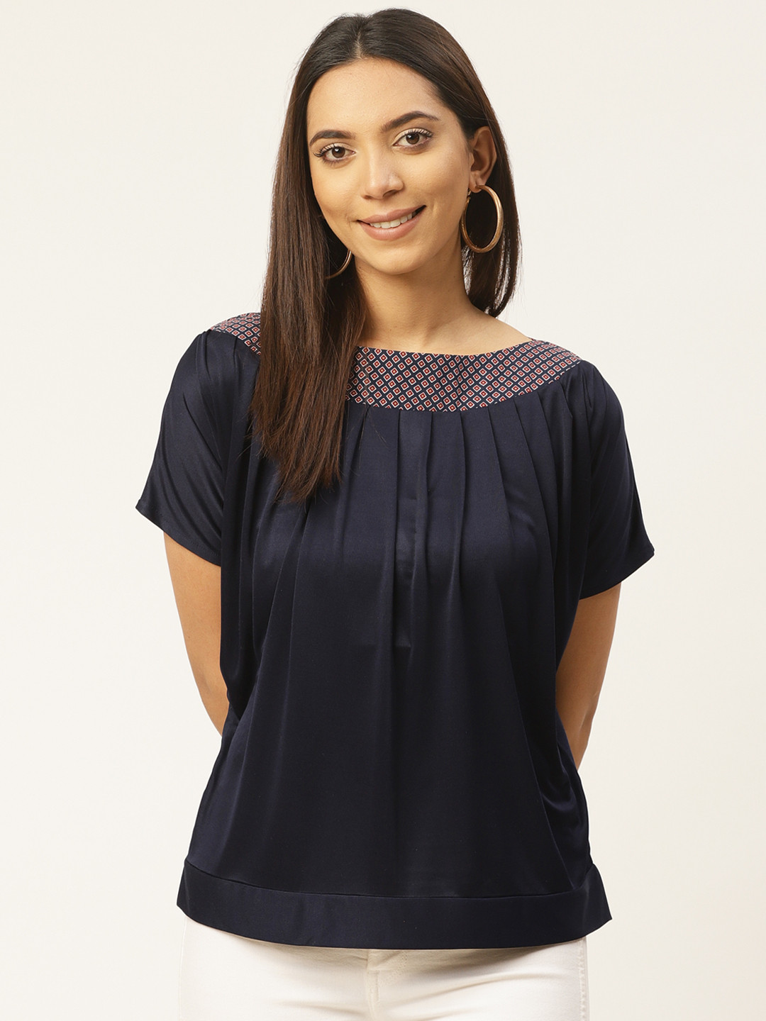 

Cottinfab Women Navy Blue Solid Pleated Top