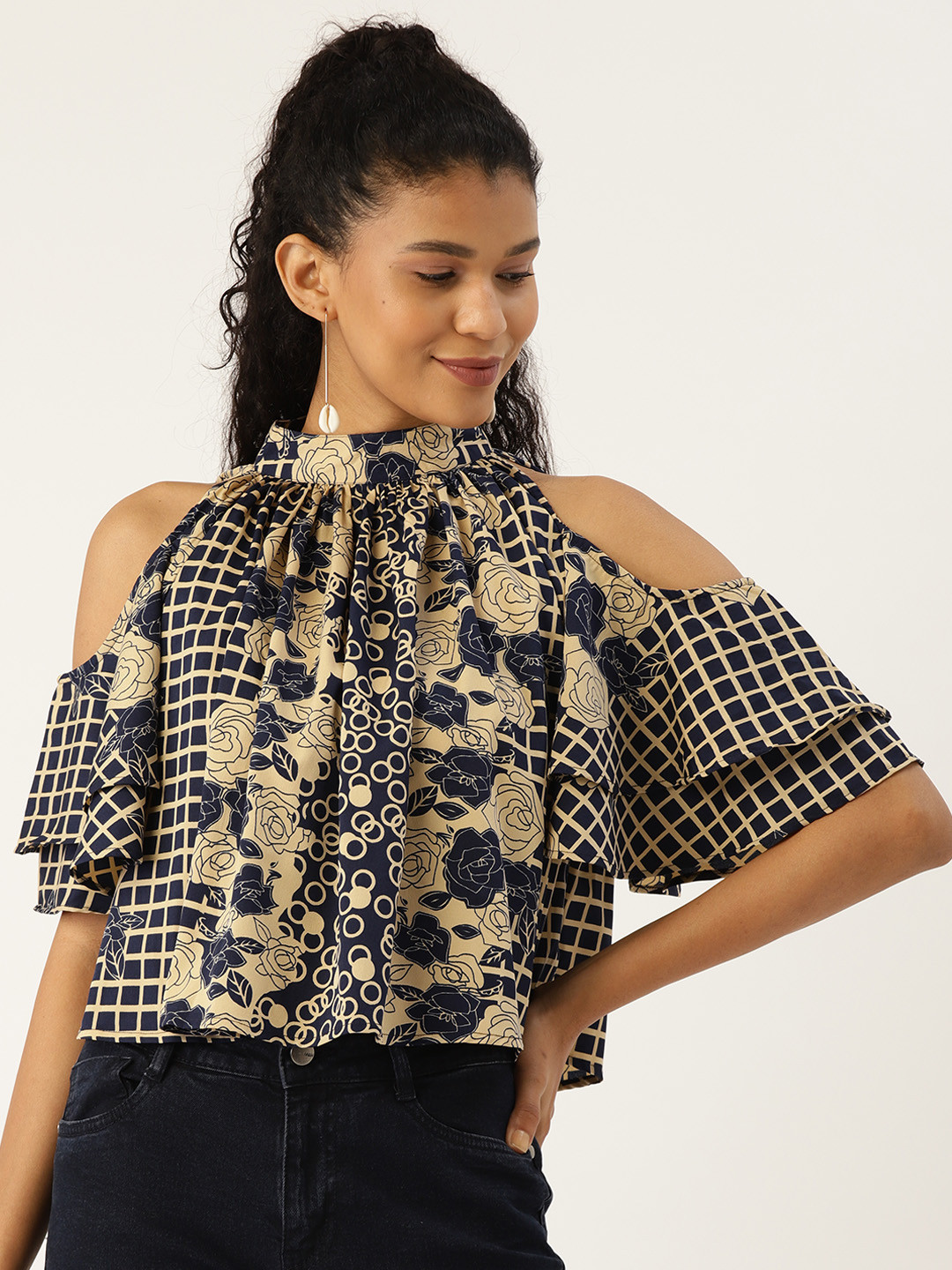 

Cottinfab Women Navy Blue & Beige Floral Printed Boxy Top