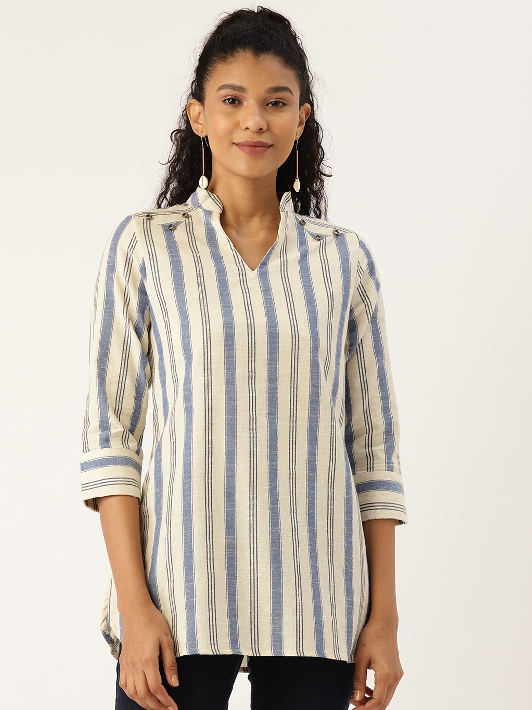 

Cottinfab Women Off-White & Blue Striped Top