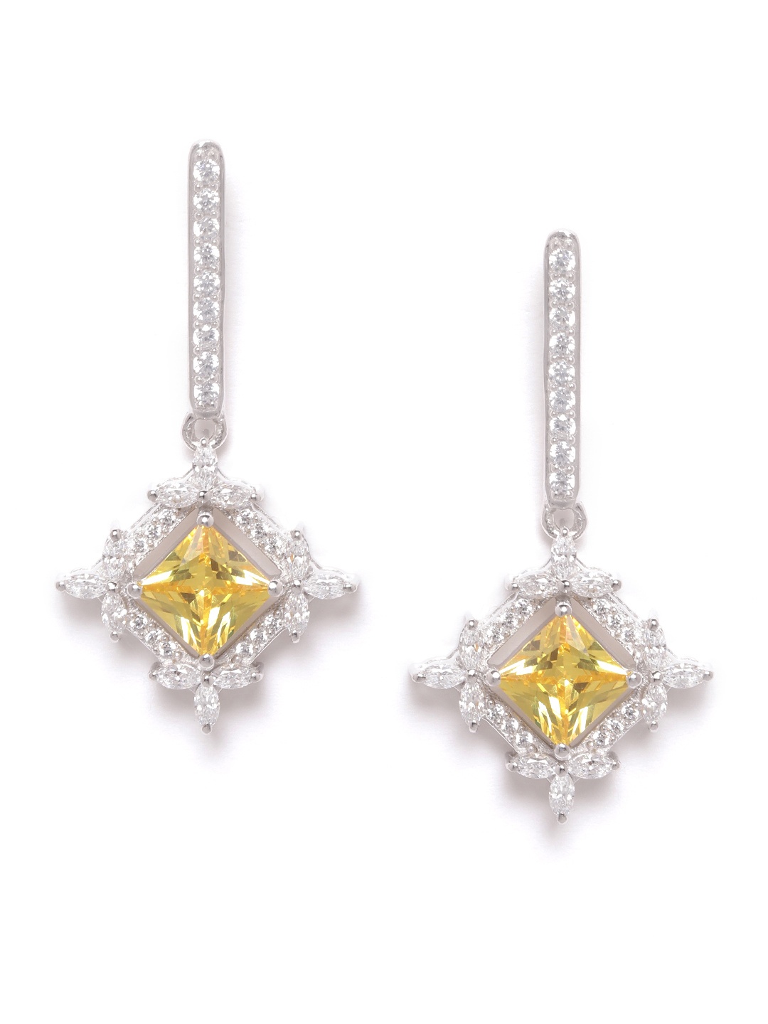 

Silgo Yellow & Silver-Toned 925 Sterling Silver CZ-Studded Rhodium-Plated Drop Earrings