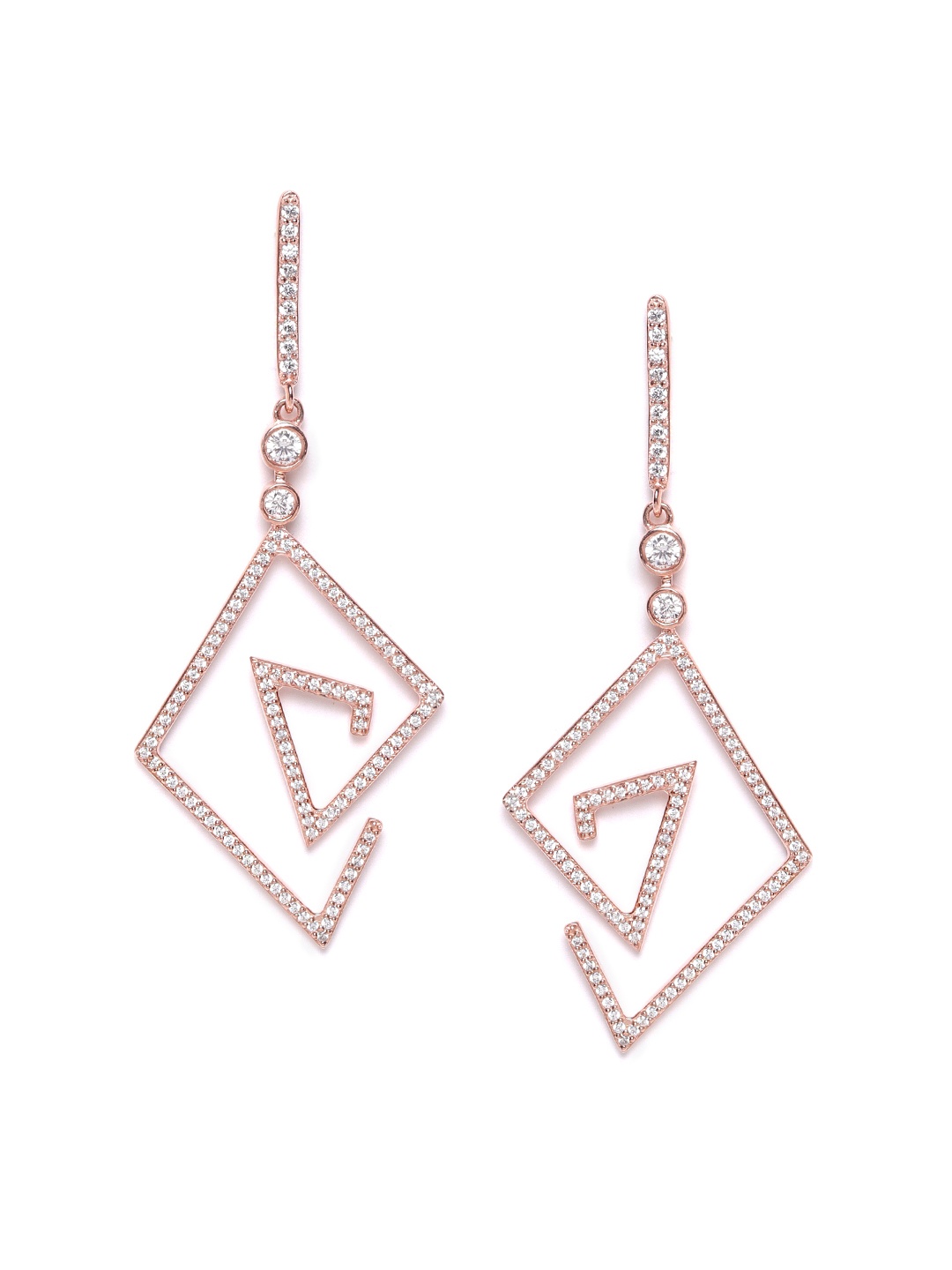 

Silgo 925 Sterling Silver Rose Gold-Plated CZ Studded Geometric Drop Earrings