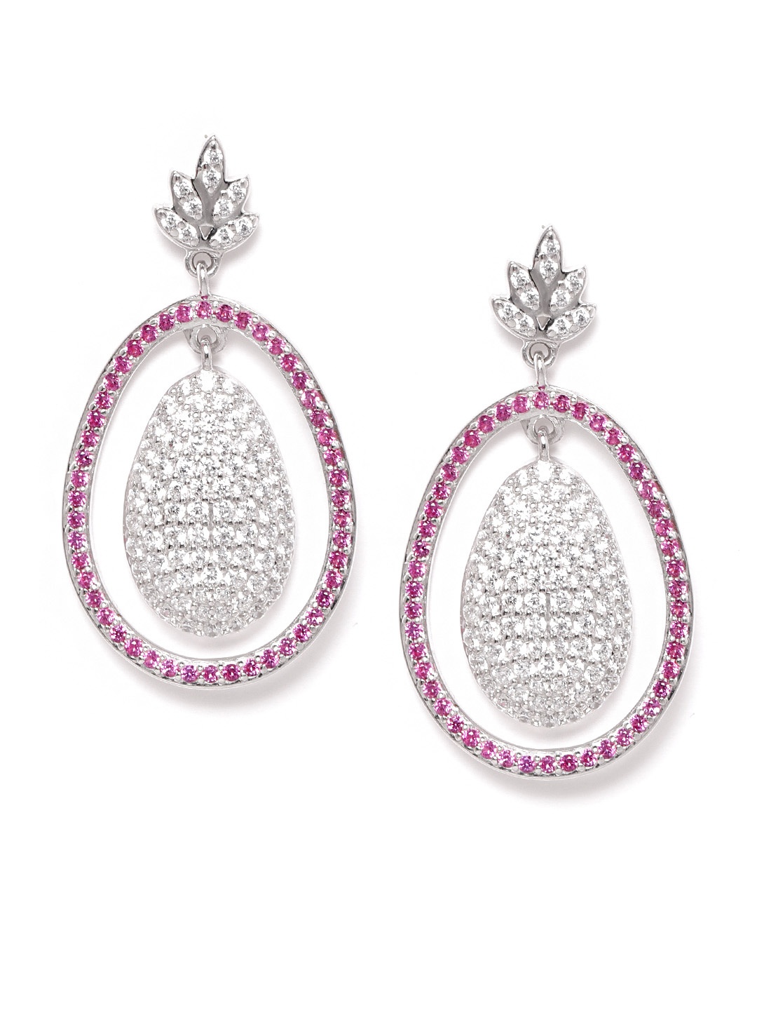 

Silgo Silver-Toned & Pink Rhodium-Plated CZ-Studded 925 Sterling Silver Oval Drop Earrings