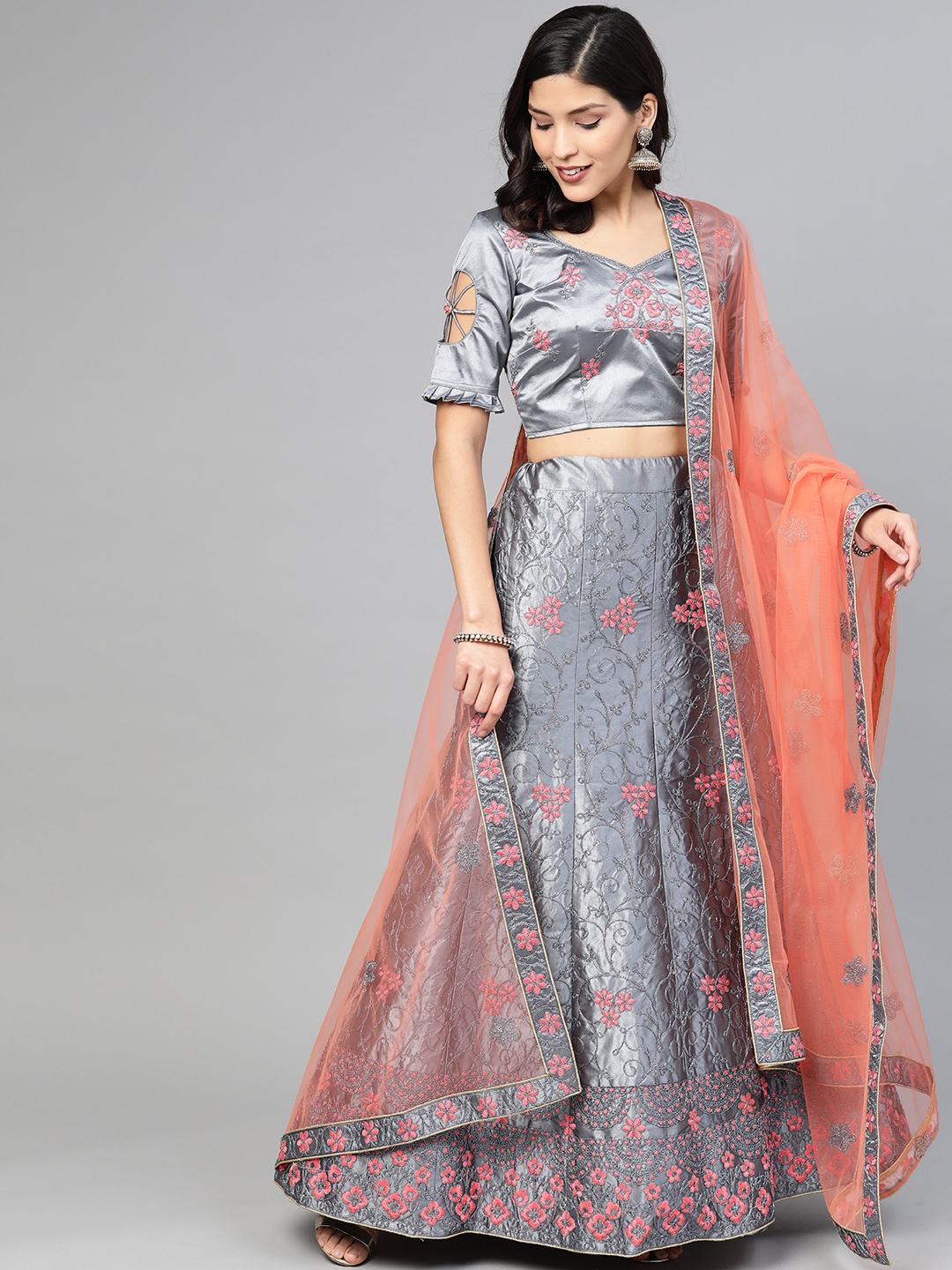 

SHOPGARB Grey & Peach-Coloured Embroidered Semi-Stitched Lehenga & Unstitched Blouse with Dupatta