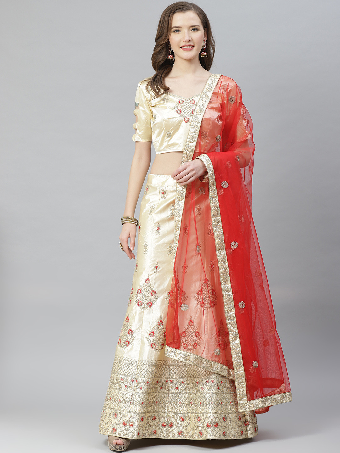 

SHOPGARB Beige & Red Embroidered Semi-Stitched Lehenga & Unstitched Blouse with Dupatta