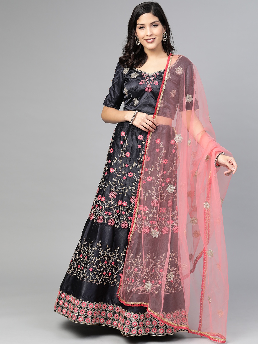 

SHOPGARB Navy Blue & Pink Embroidered Semi-Stitched Lehenga & Unstitched Blouse with Dupatta