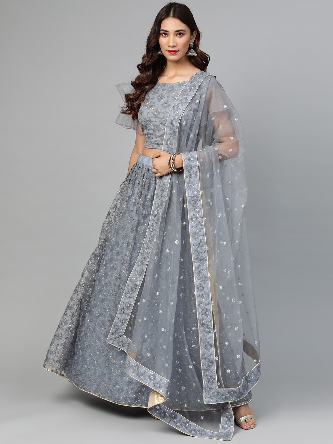SHOPGARB Grey & Silver Embroidered Semi-Stitched Lehenga & Unstitched Blouse with Dupatta