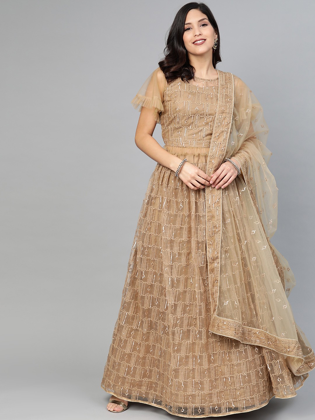

SHOPGARB Beige & Golden Embellished Semi-Stitched Lehenga & Unstitched Blouse with Dupatta