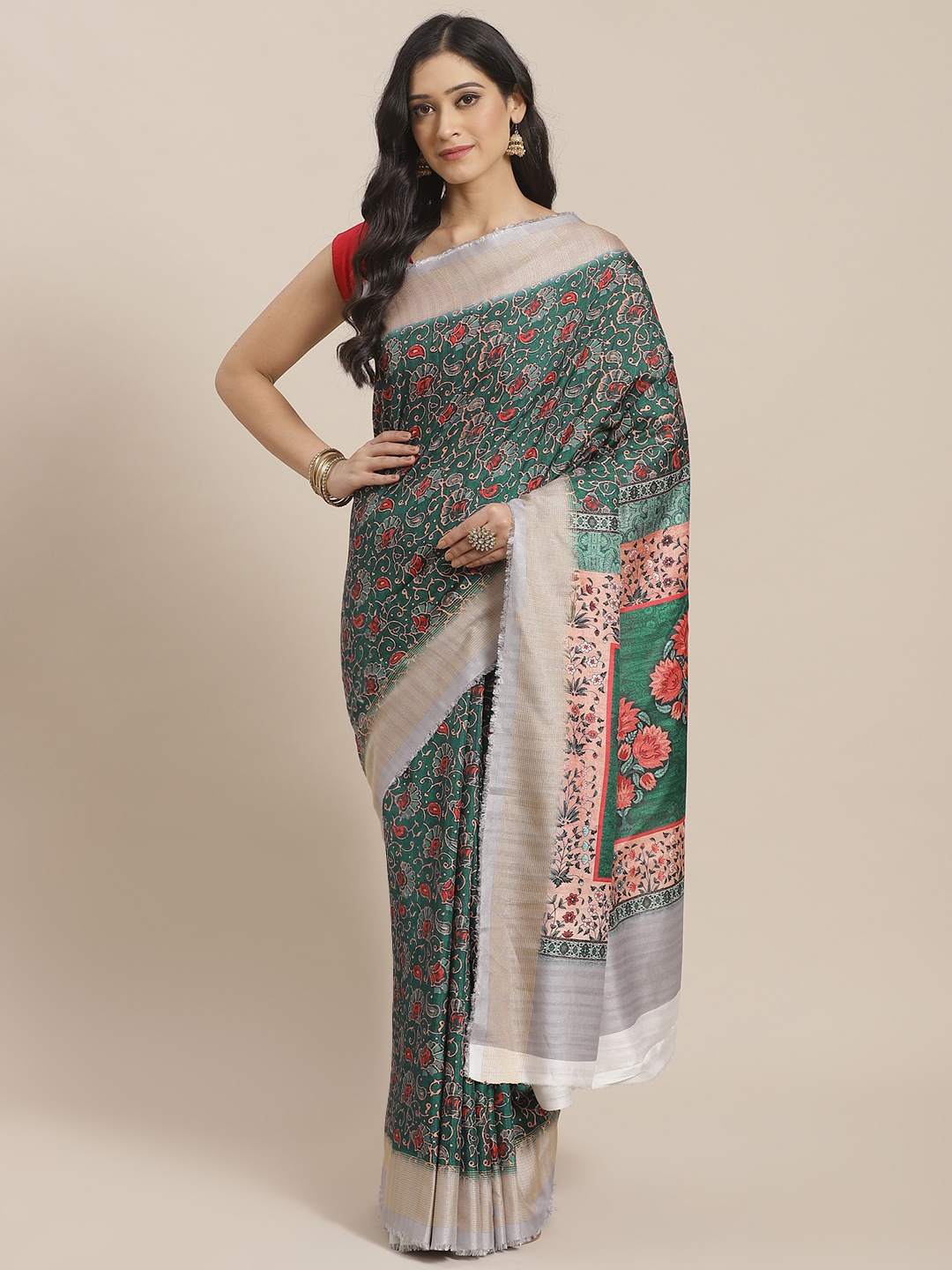 

Mitera Teal Green & Red Printed Saree