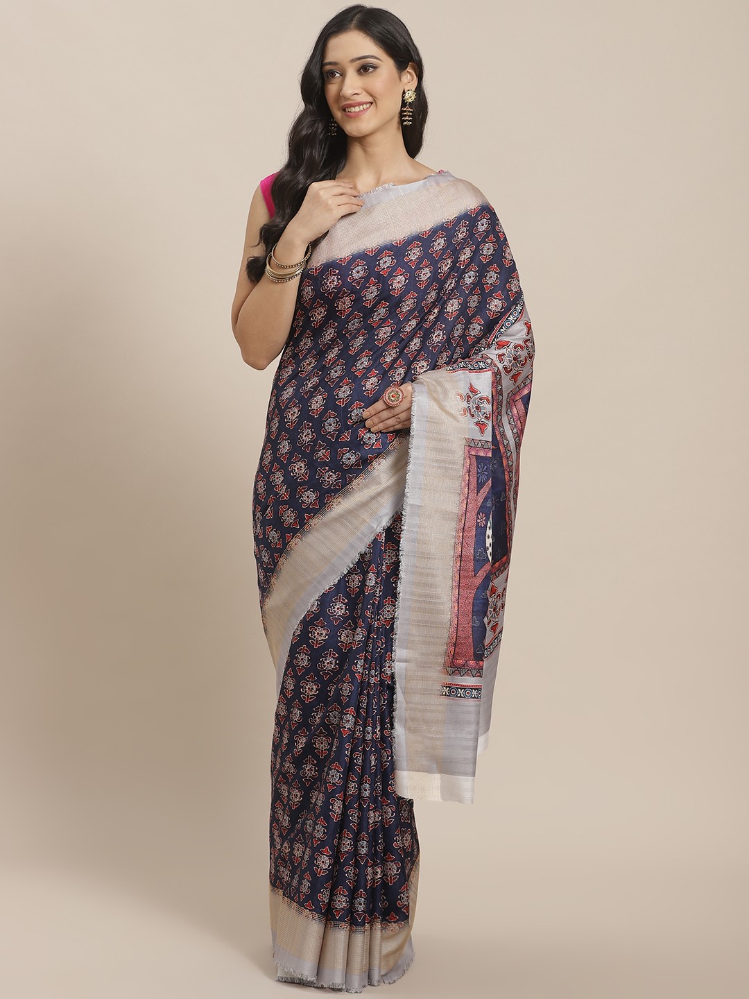 

Mitera Navy Blue & Red Printed Saree