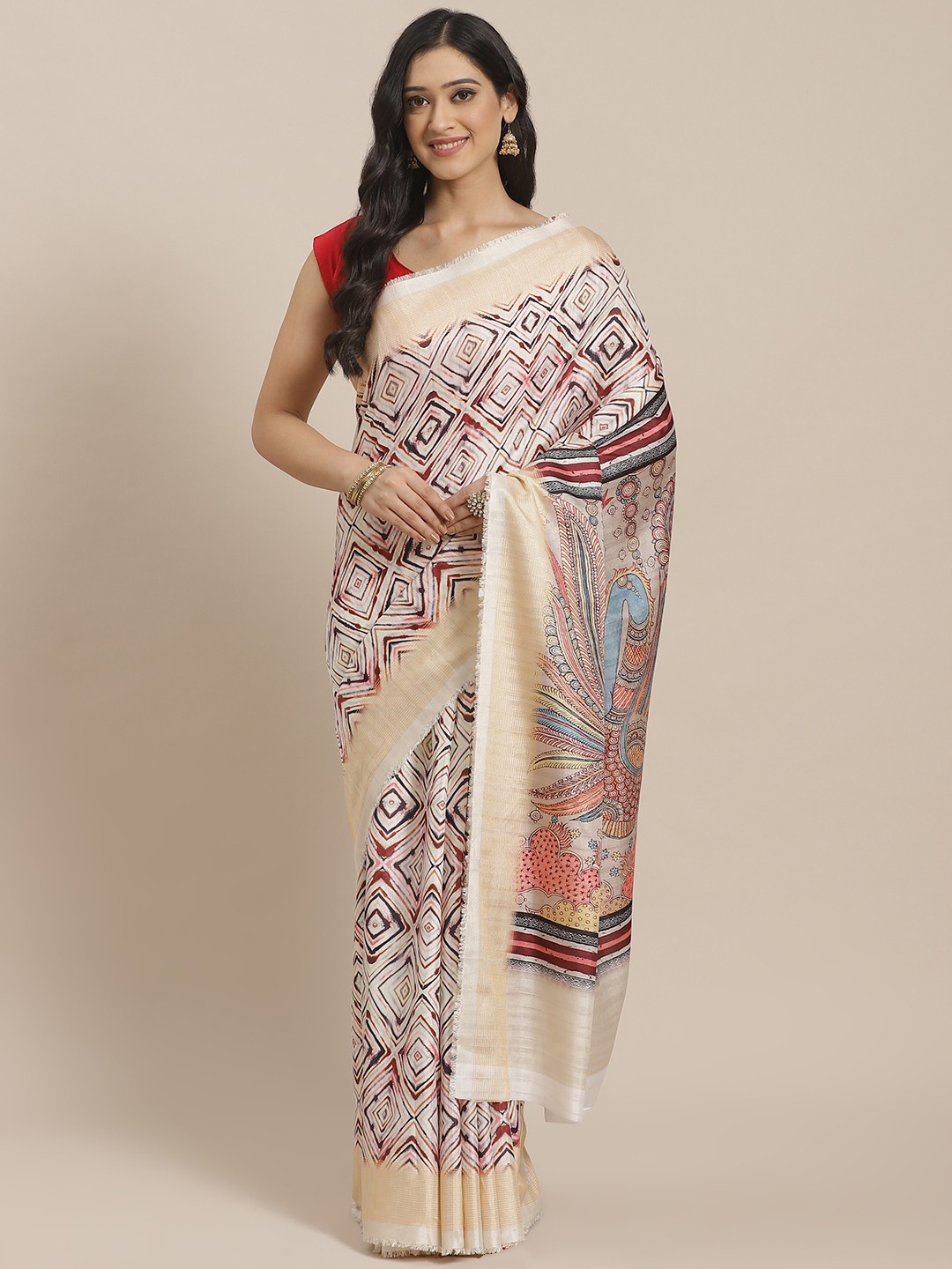 

Mitera Off-White & Maroon Geometric Print Saree