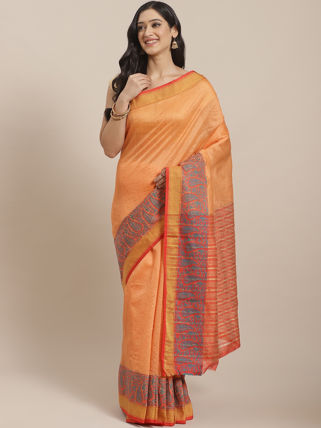 

Mitera Peach-Coloured Zari Solid Kanjeevaram Saree
