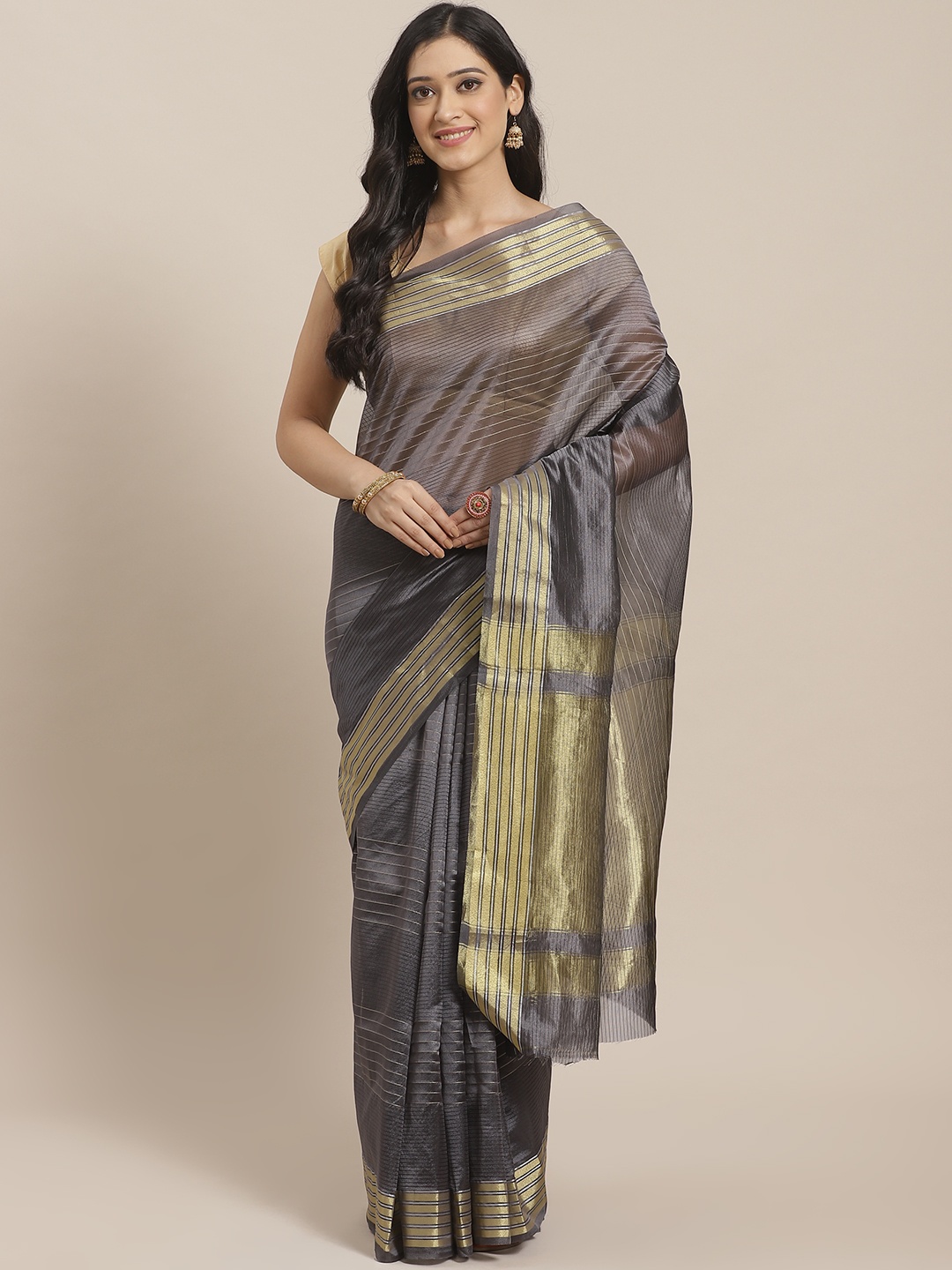 

Mitera Charcoal Grey & Golden Zari Striped Saree