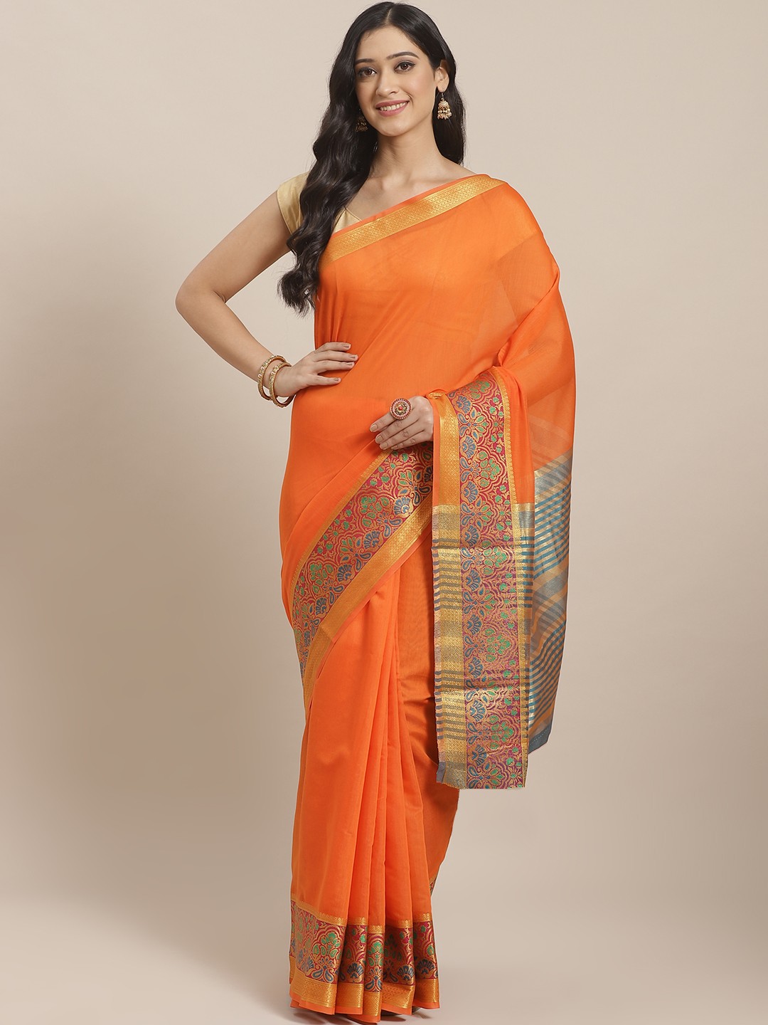 

Mitera Orange Zari Solid Kanjeevaram Saree