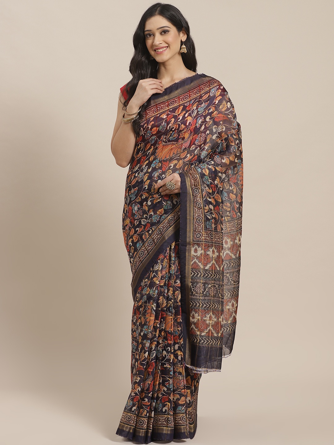 

Mitera Navy Blue & Yellow Printed Saree