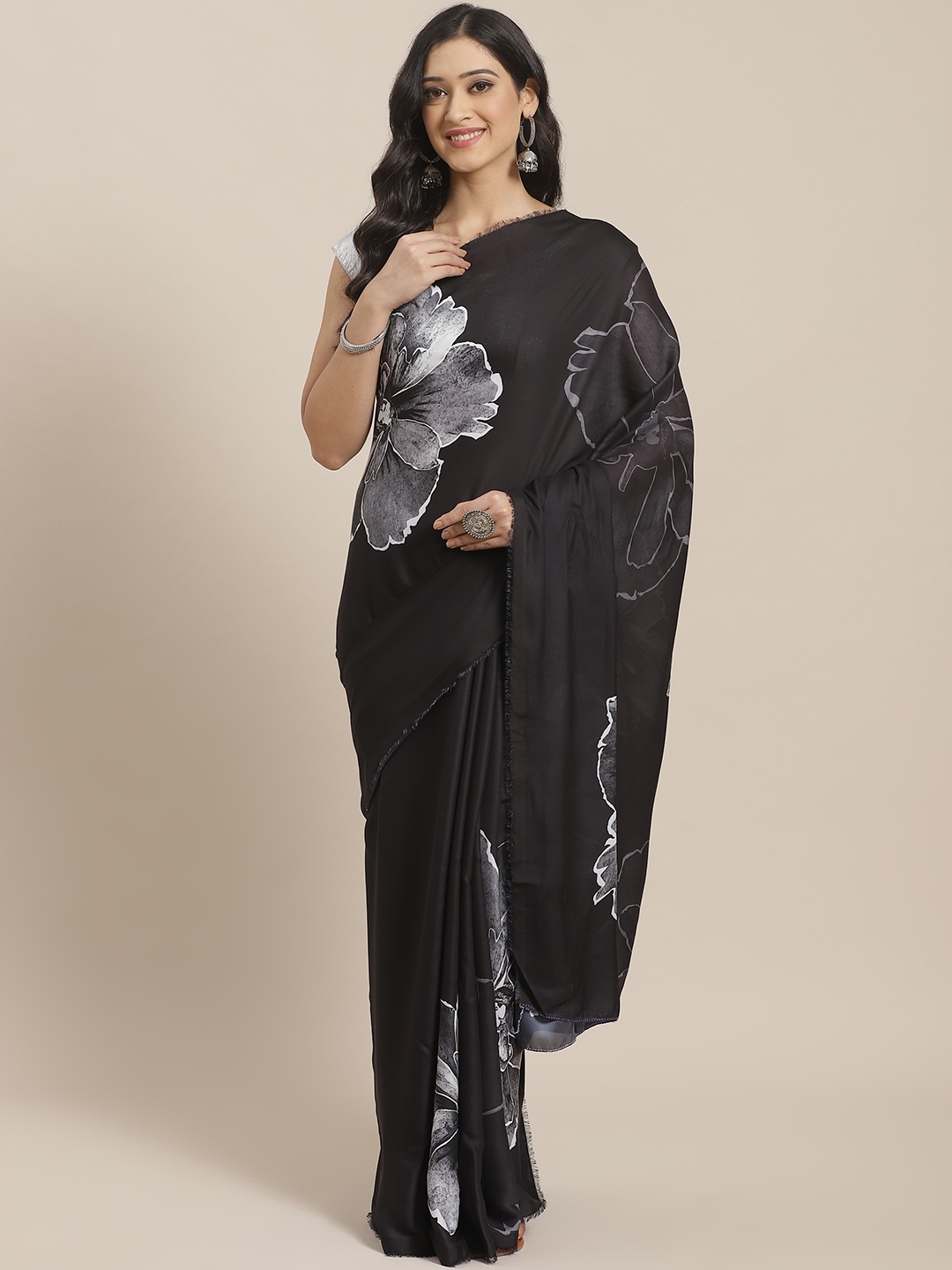 

Mitera Black & Grey Floral Print Saree