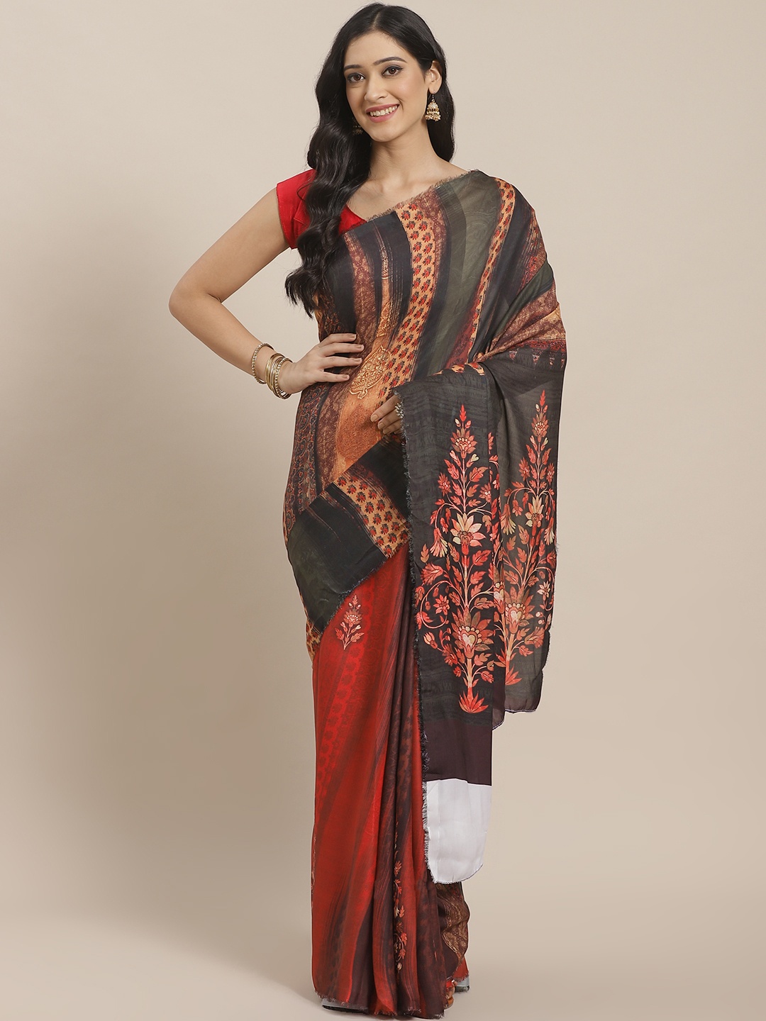 

Mitera Green & Red Satin Finish Printed Half & Half Saree, Black