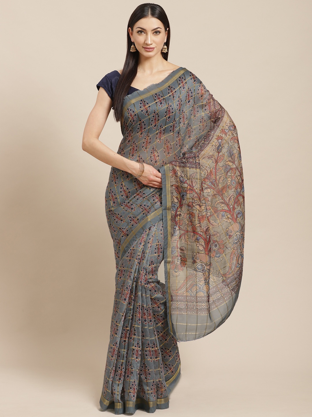 

Mitera Grey & Maroon Printed Saree