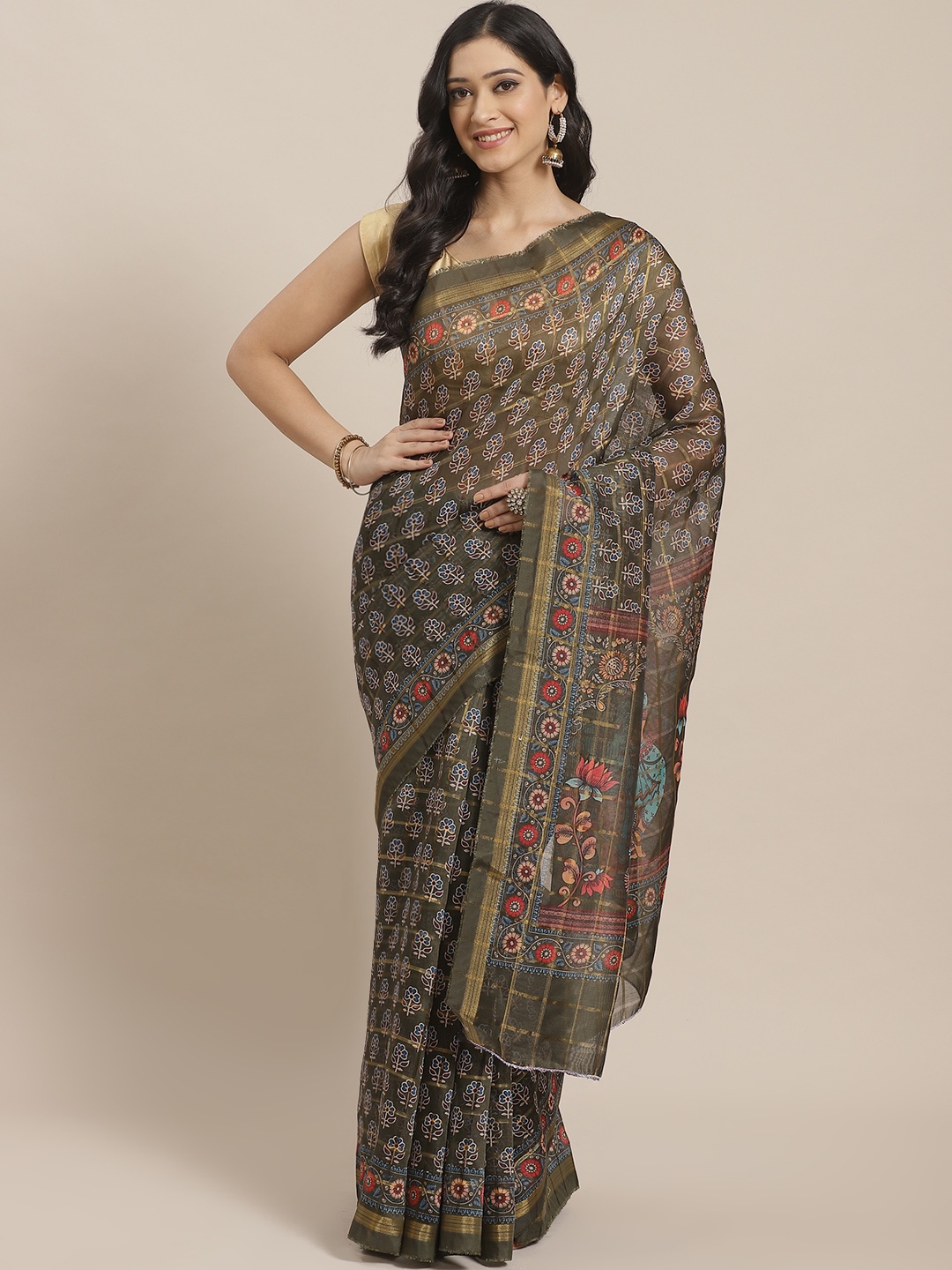 

Mitera Olive Green & Blue Printed Saree