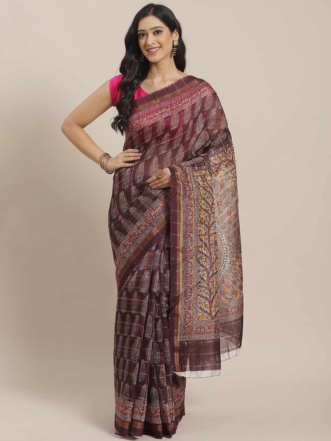 

Mitera Burgundy & Off-White Printed Saree