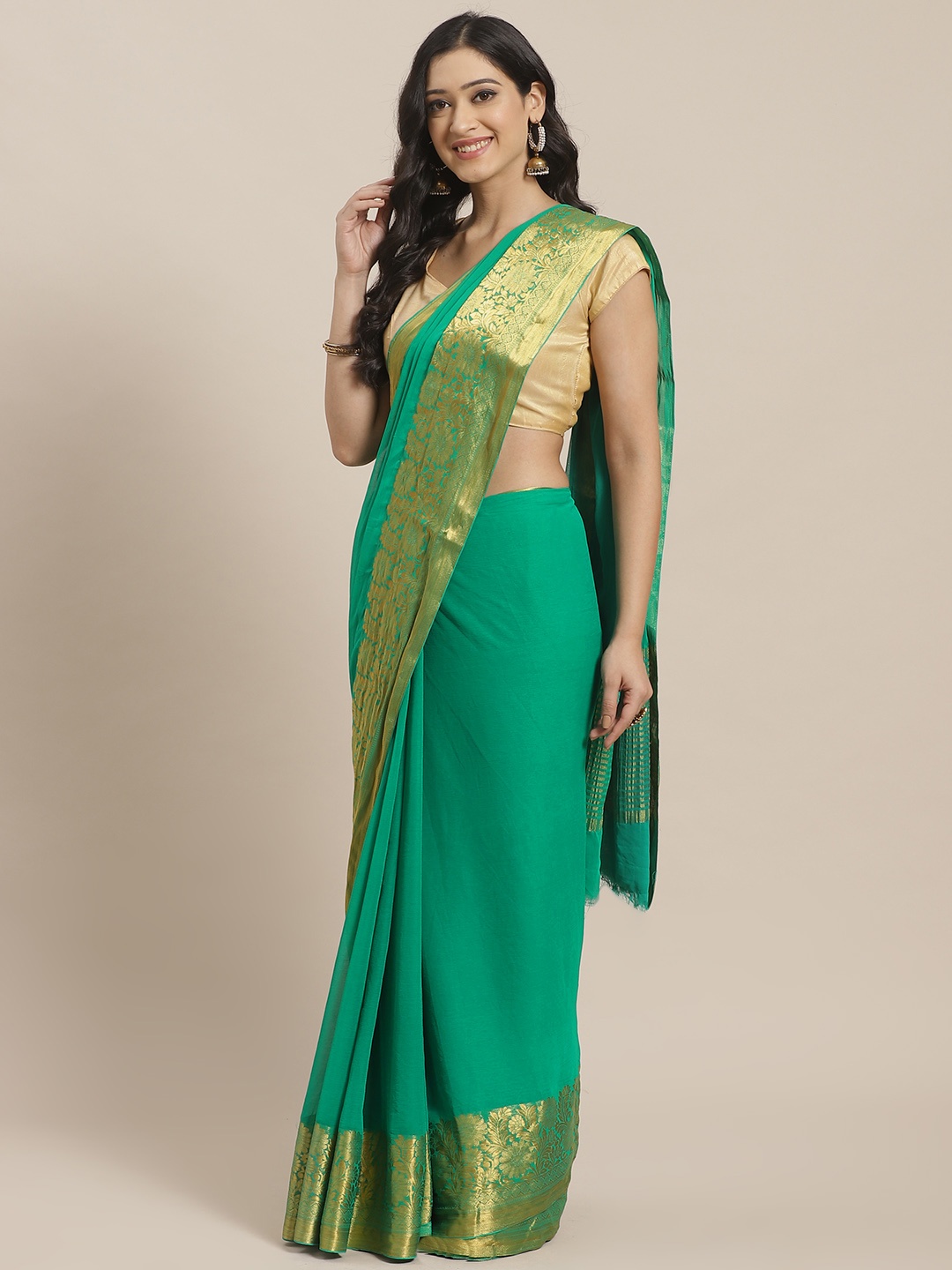 

Mitera Green Zari Solid Kanjeevaram Saree
