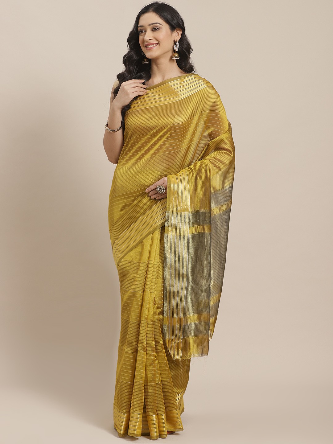 

Mitera Mustard Yellow & Golden Zari Striped Saree