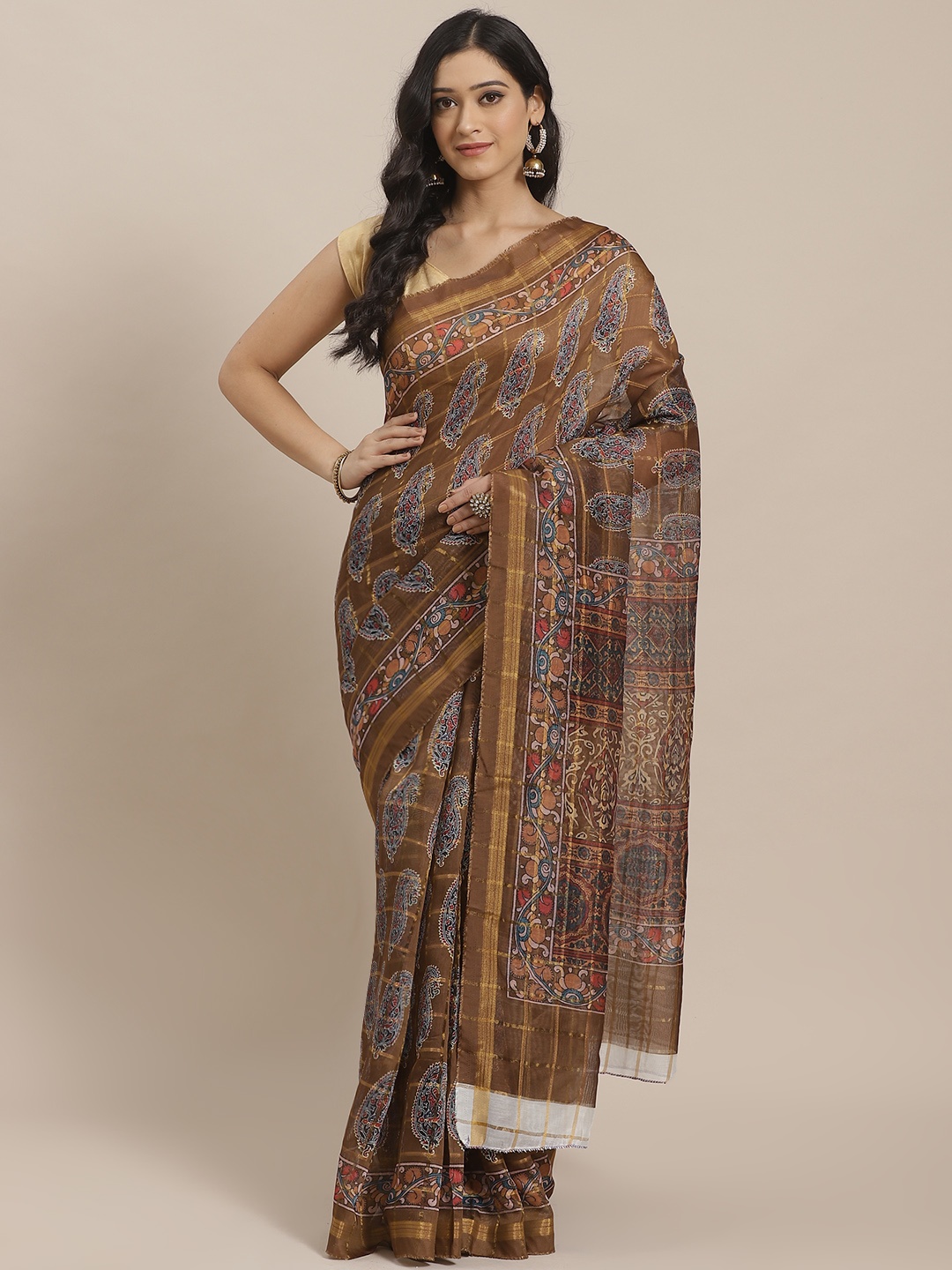 

Mitera Olive Brown & Blue Paisley Printed Saree