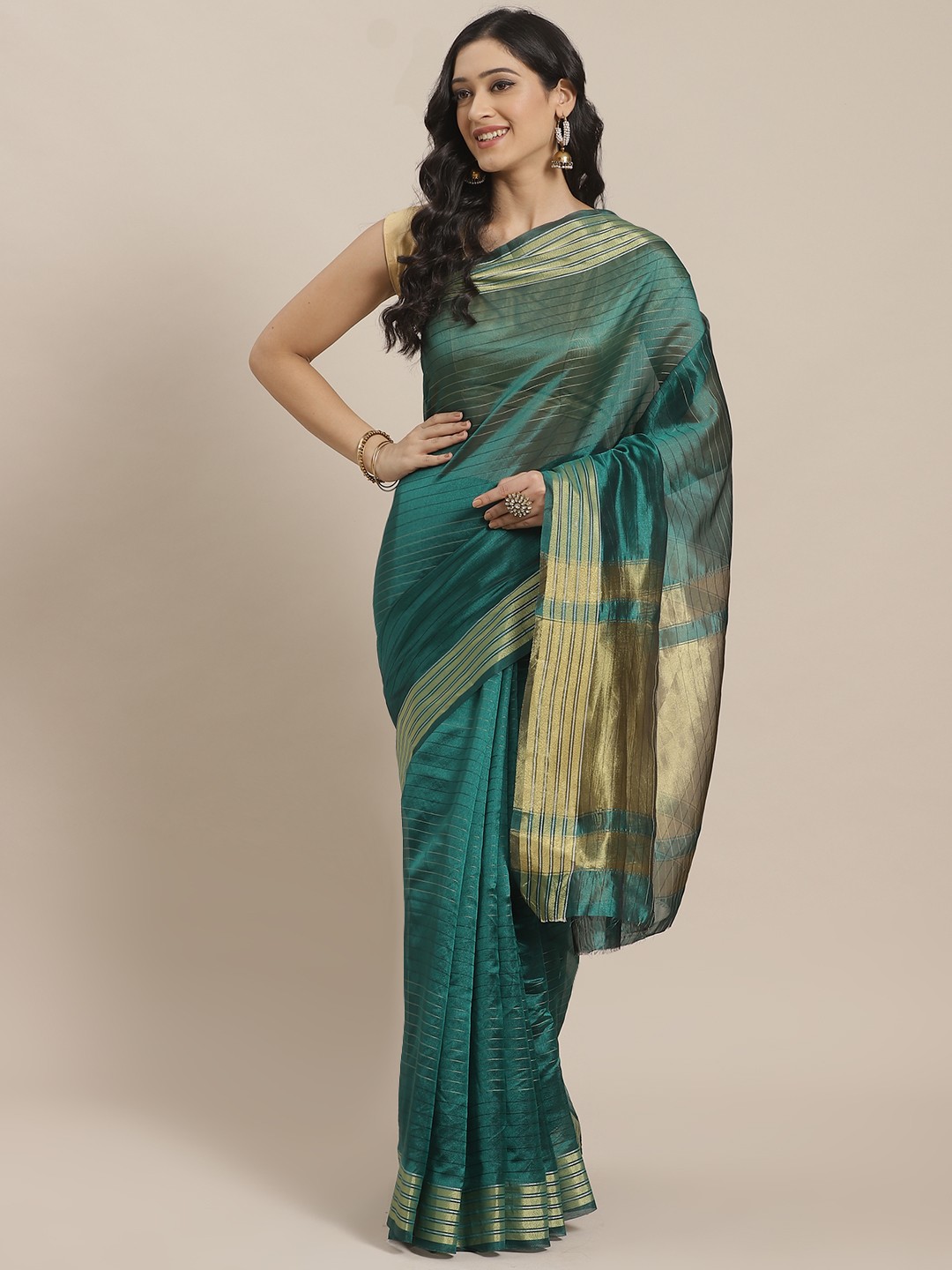 

Mitera Teal Green & Golden Zari Striped Saree