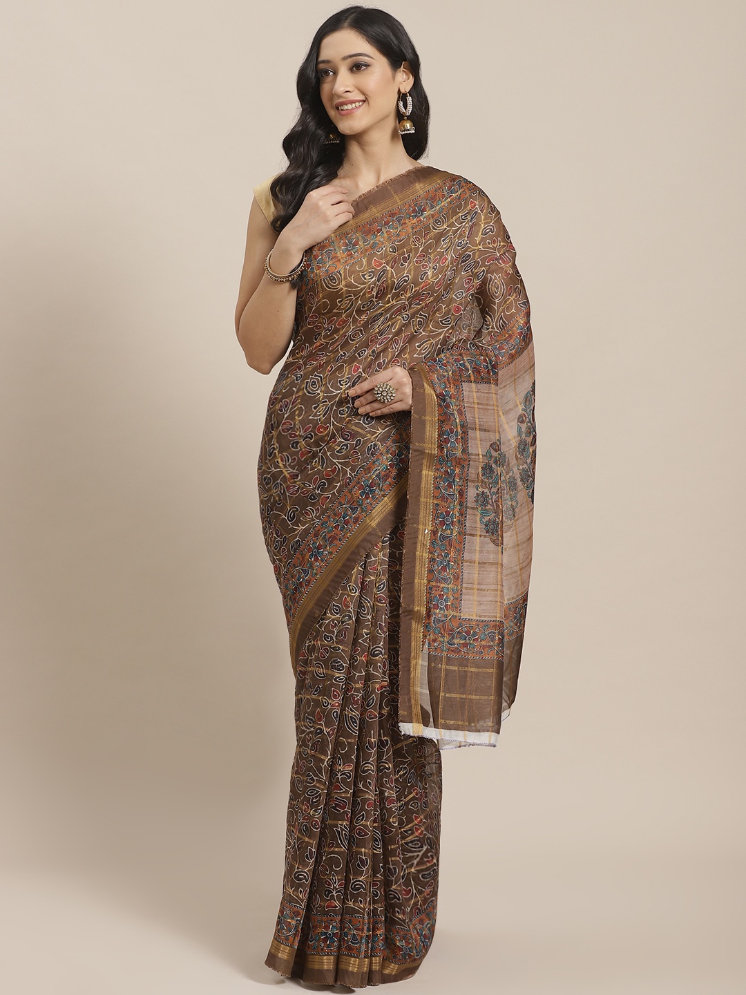 

Mitera Olive Brown & Blue Printed Saree