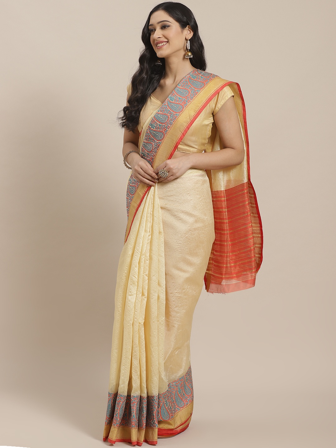 

KALINI Cream-Coloured Solid Saree