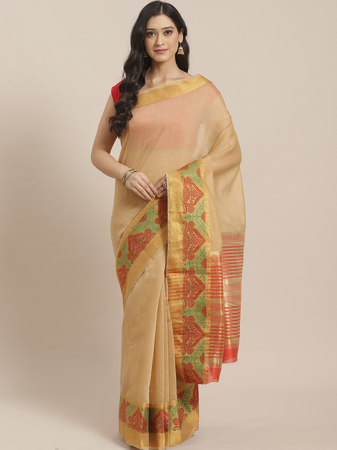 

Mitera Beige & Red Zari Solid Kanjeevaram Saree
