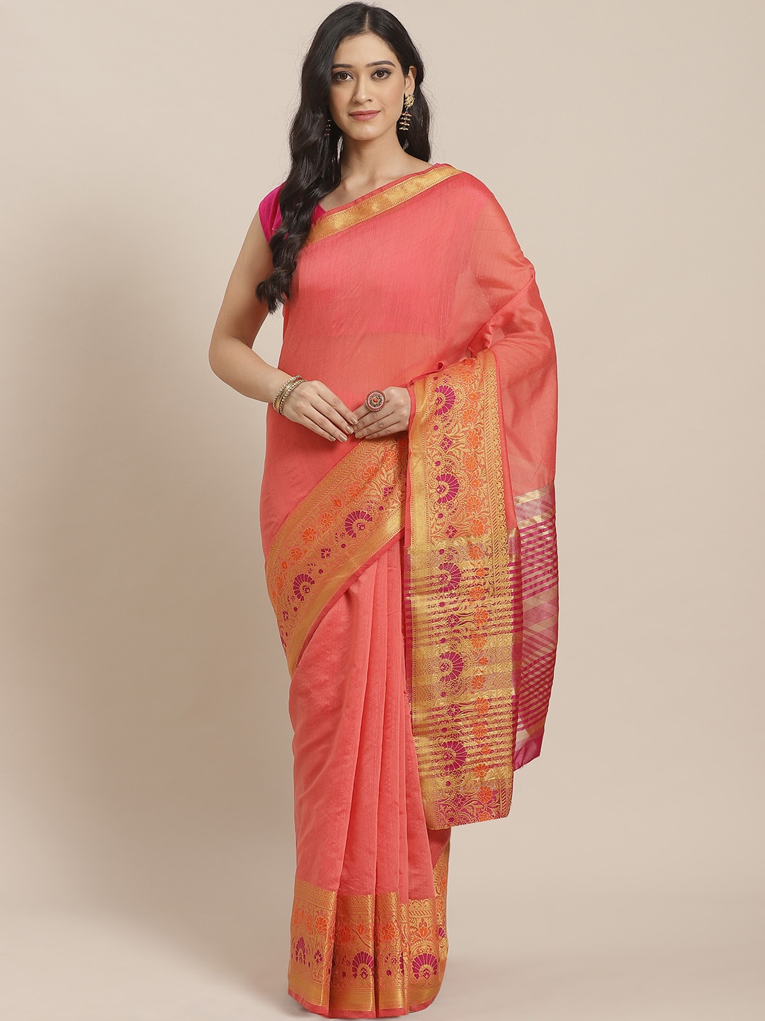 

Mitera Peach-Coloured & Golden Zari Solid Kanjeevaram Saree