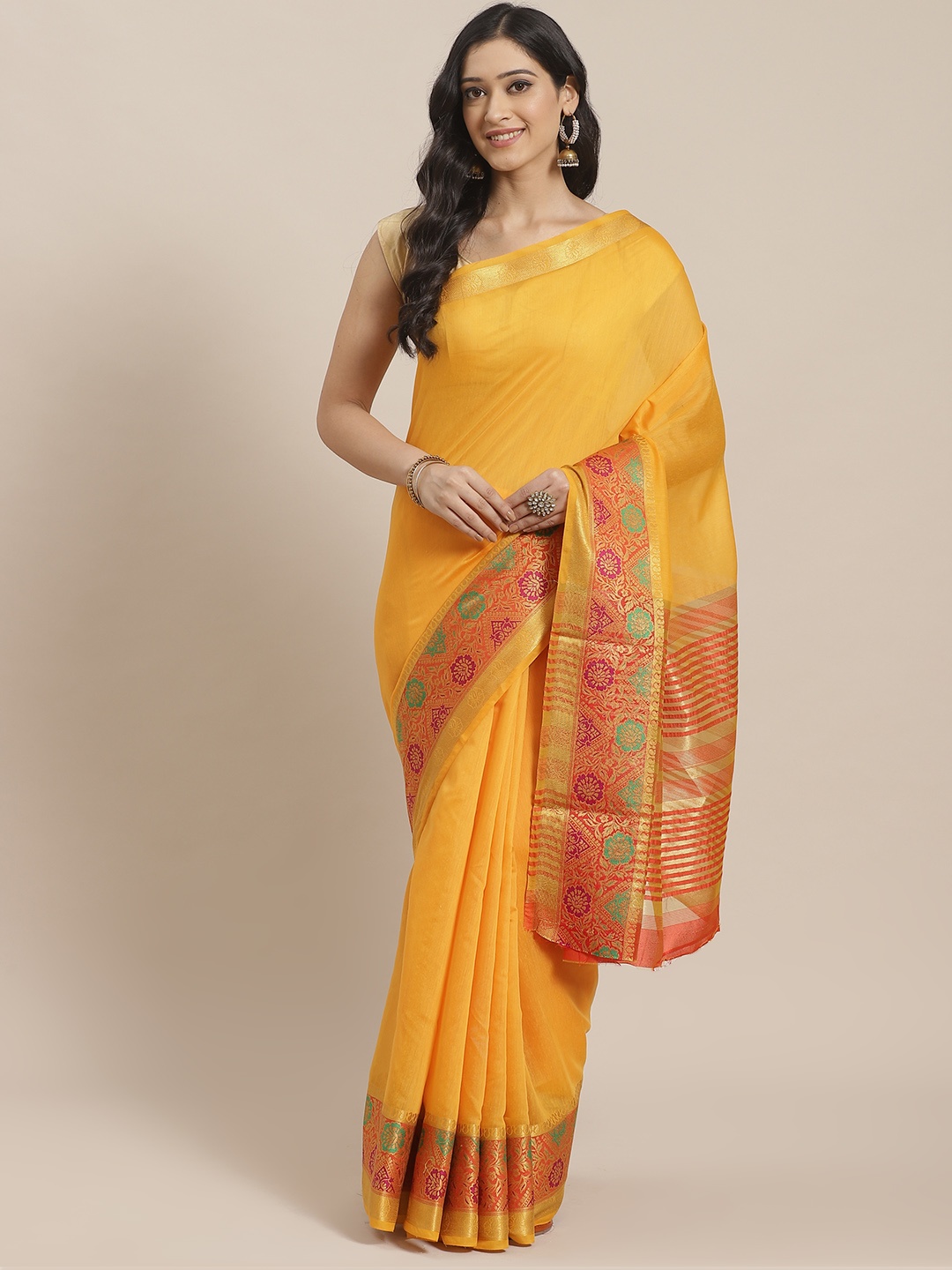 

Mitera Yellow Zari Solid Kanjeevaram Saree