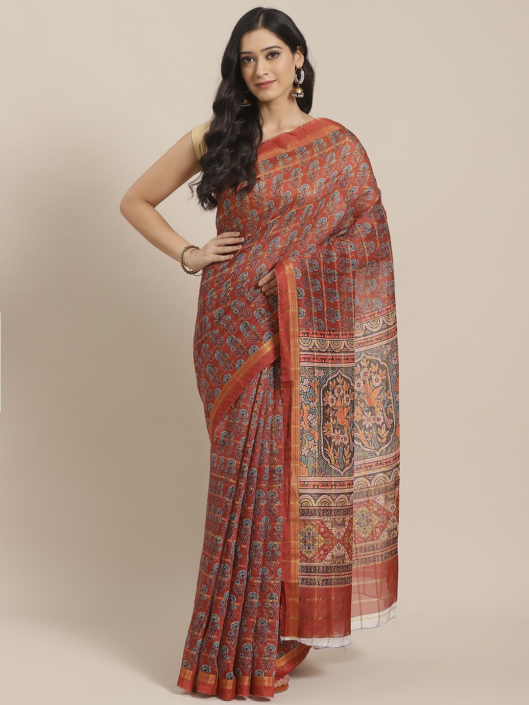 

Mitera Rust Red & Blue Printed Saree