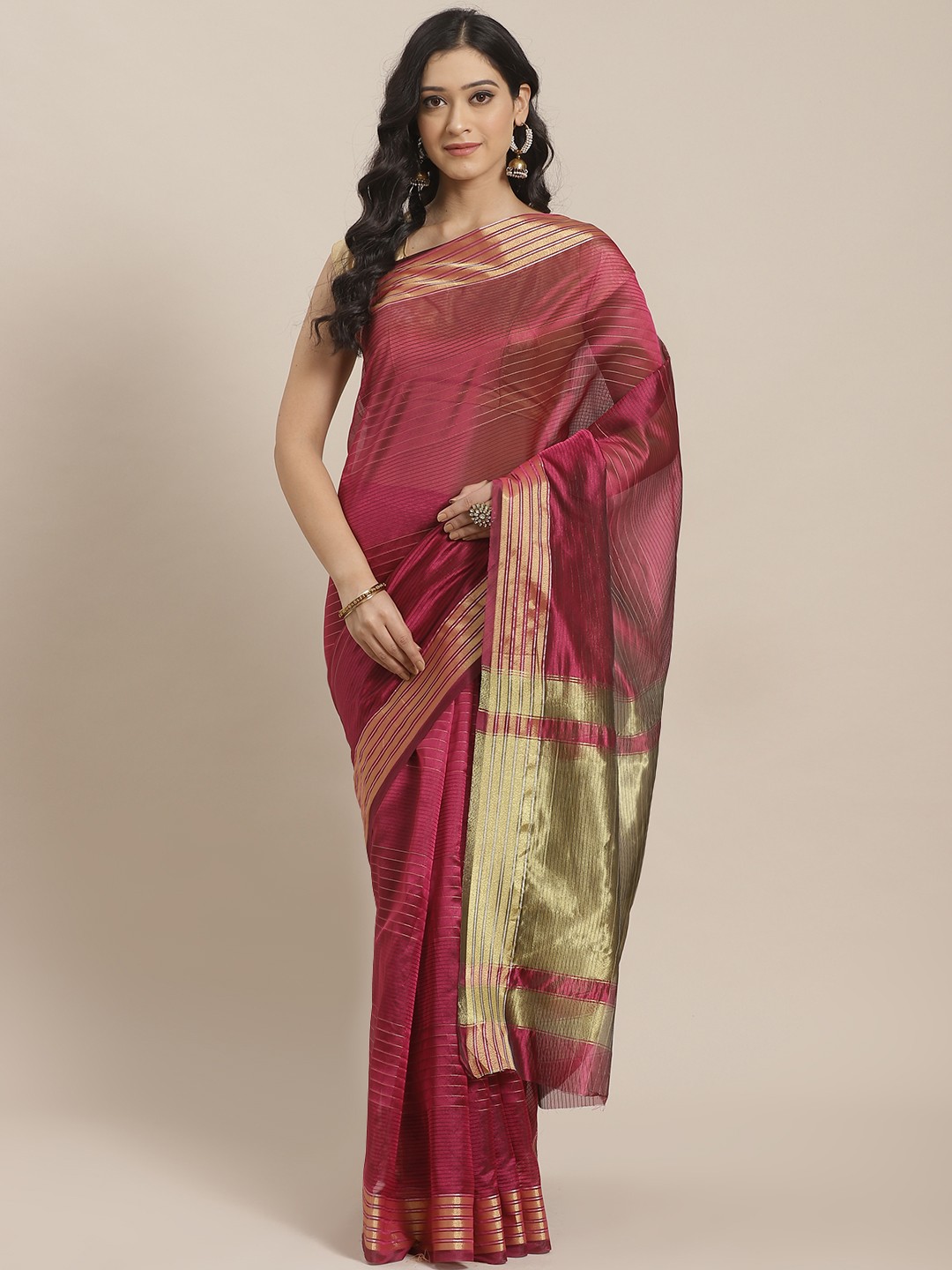 

Mitera Magenta & Golden Zari Striped Saree