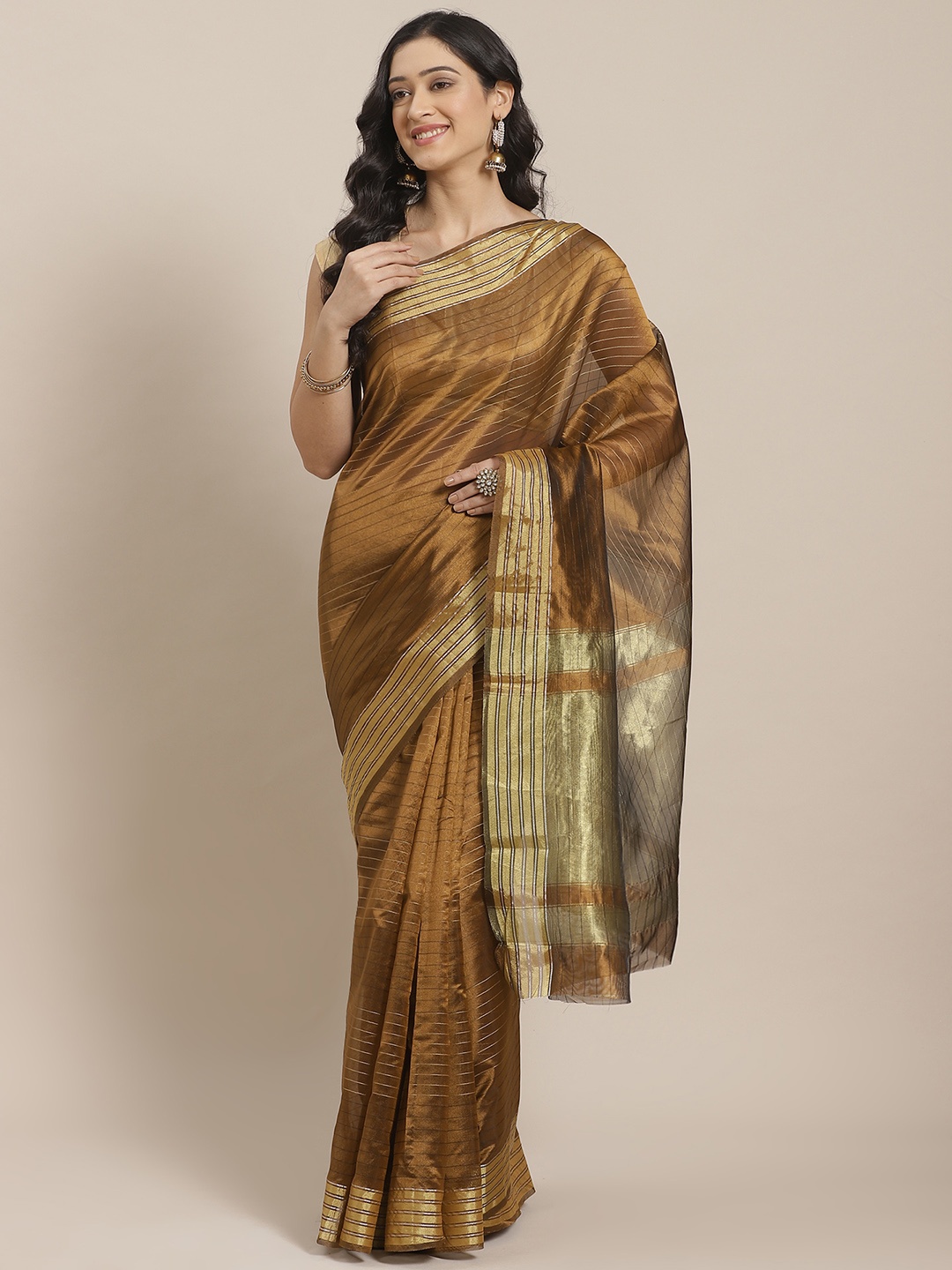 

Mitera Brown & Golden Self-Striped Saree