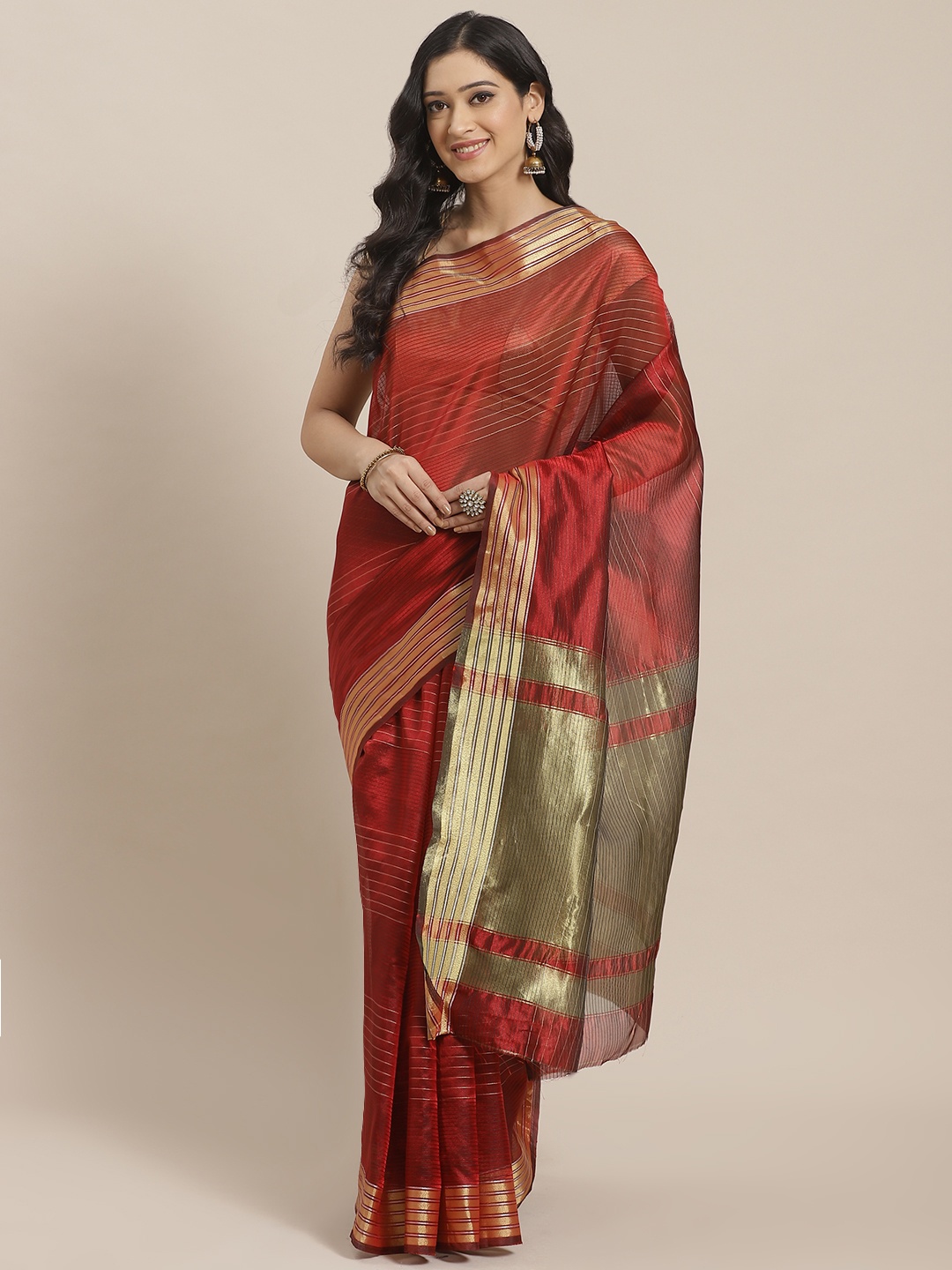 

Mitera Maroon & Golden Zari Striped Saree