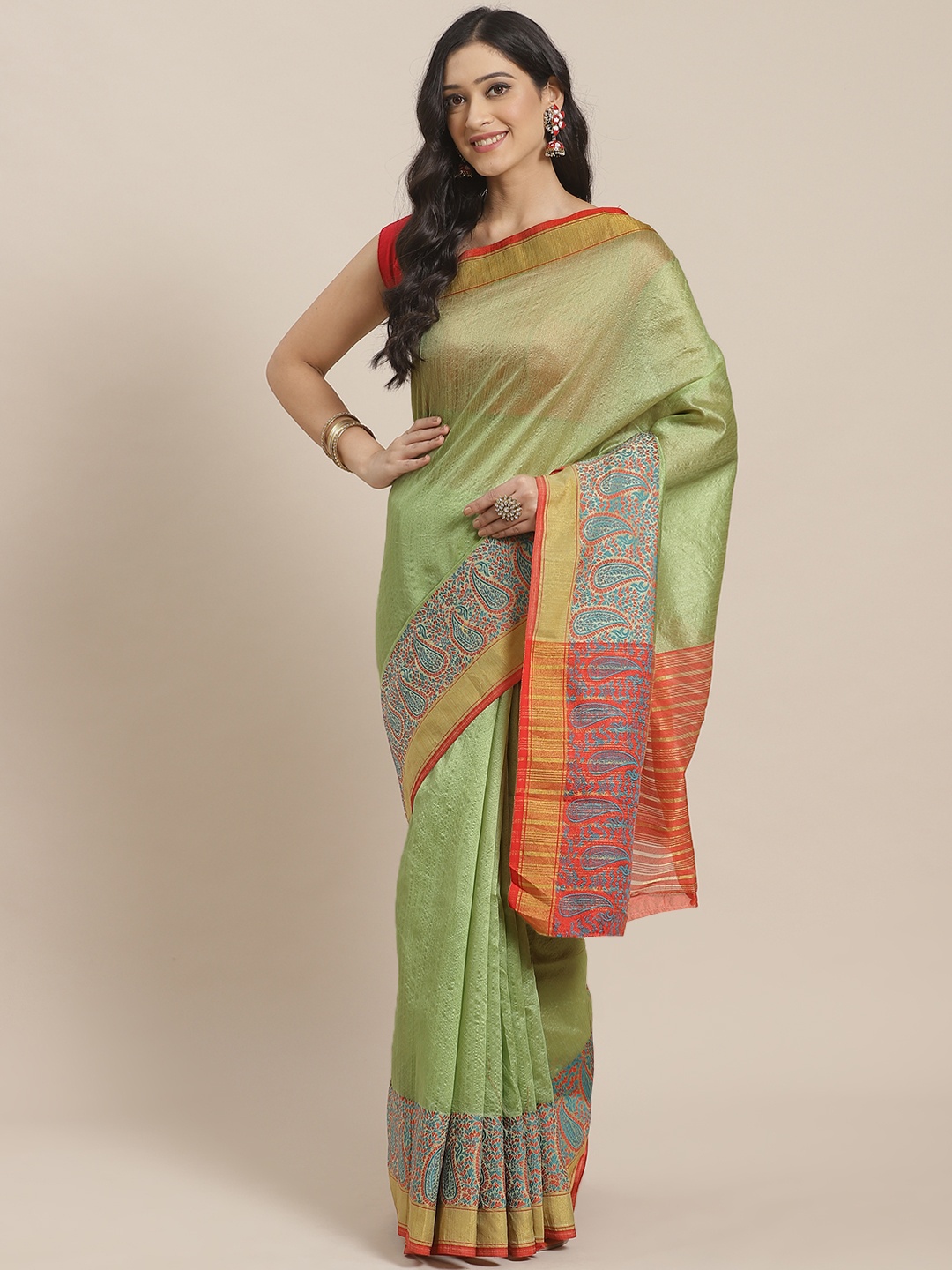 

Mitera Green & Orange Zari Solid Kanjeevaram Saree