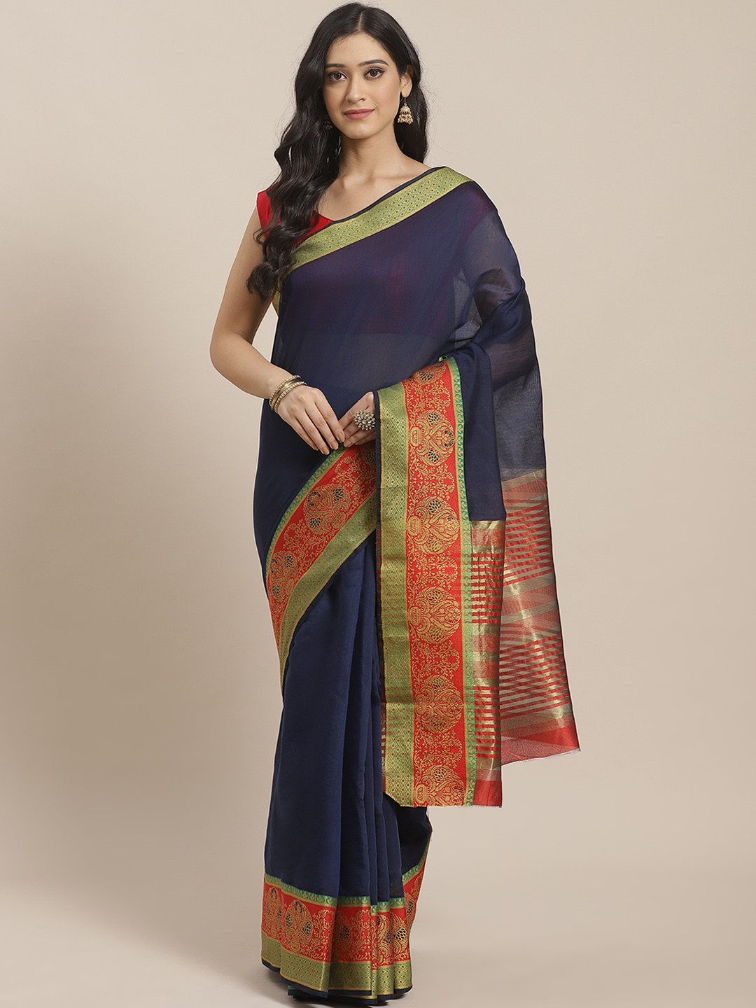 

Mitera Navy Blue & Red Zari Solid Kanjeevaram Saree