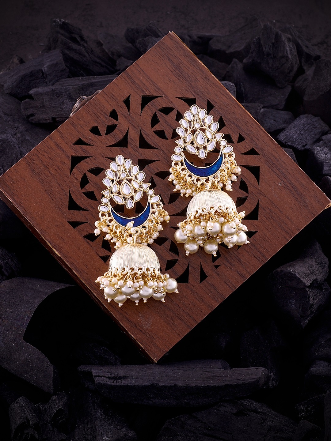 

LAIDA White & Navy Blue Gold-Plated Hand Painted Dome Shaped Jhumkas